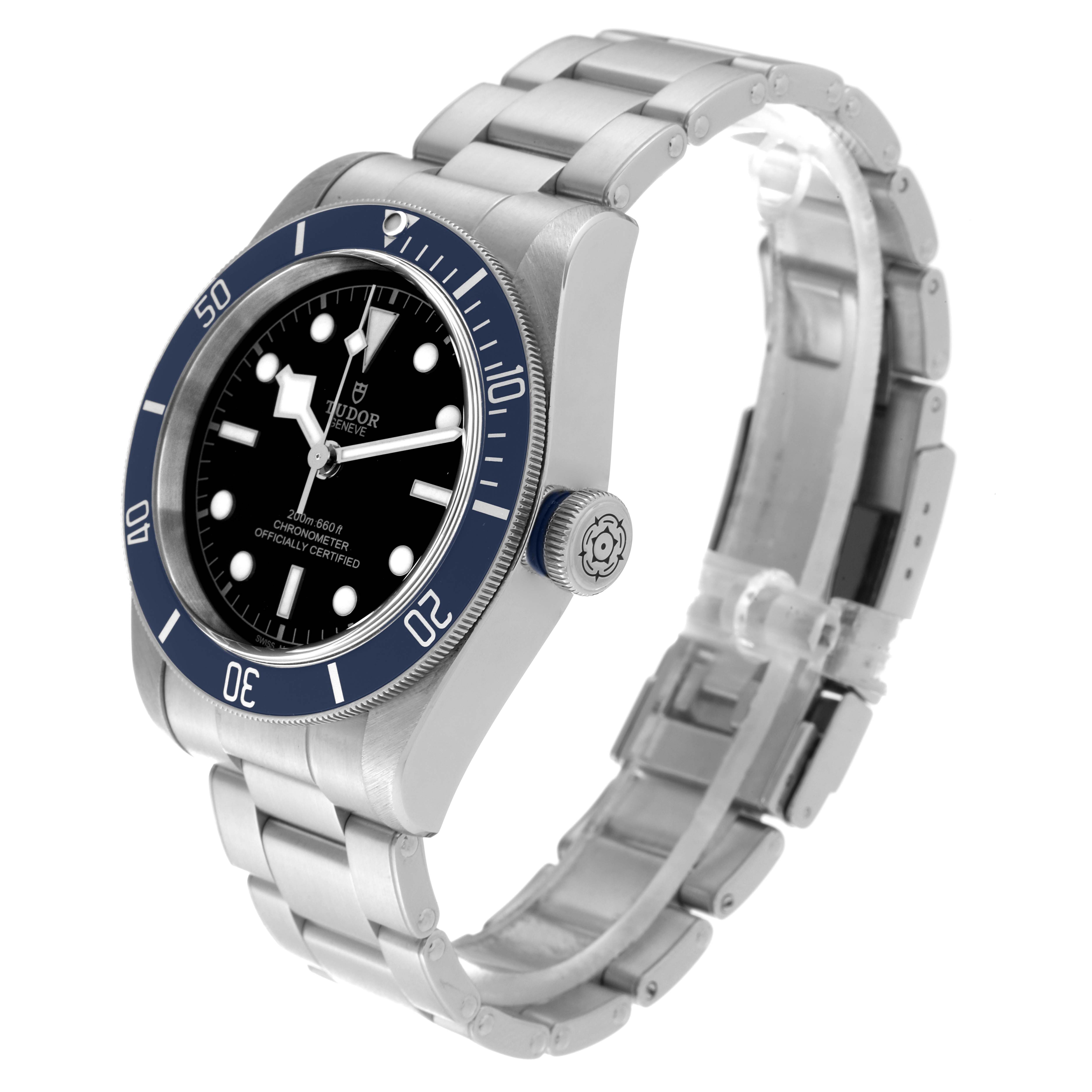 The image shows a Tudor Heritage Black Bay 79230B Men's Stainless Steel Black Dial 79230B Men's Stainless Steel Black Dial watch at a right three-quarter angle, highlighting its dial, bezel, crown, and bracelet.