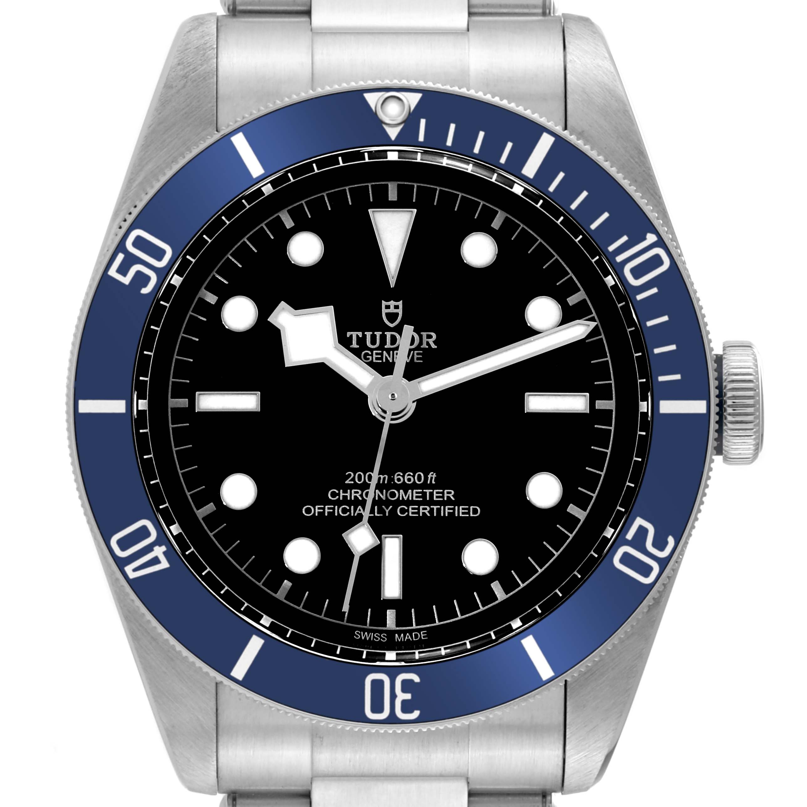 The image shows a front view of a Tudor Heritage Black Bay 79230B Men's Stainless Steel Black Dial 79230B Men's Stainless Steel Black Dial watch, highlighting its face, bezel, and part of the bracelet.