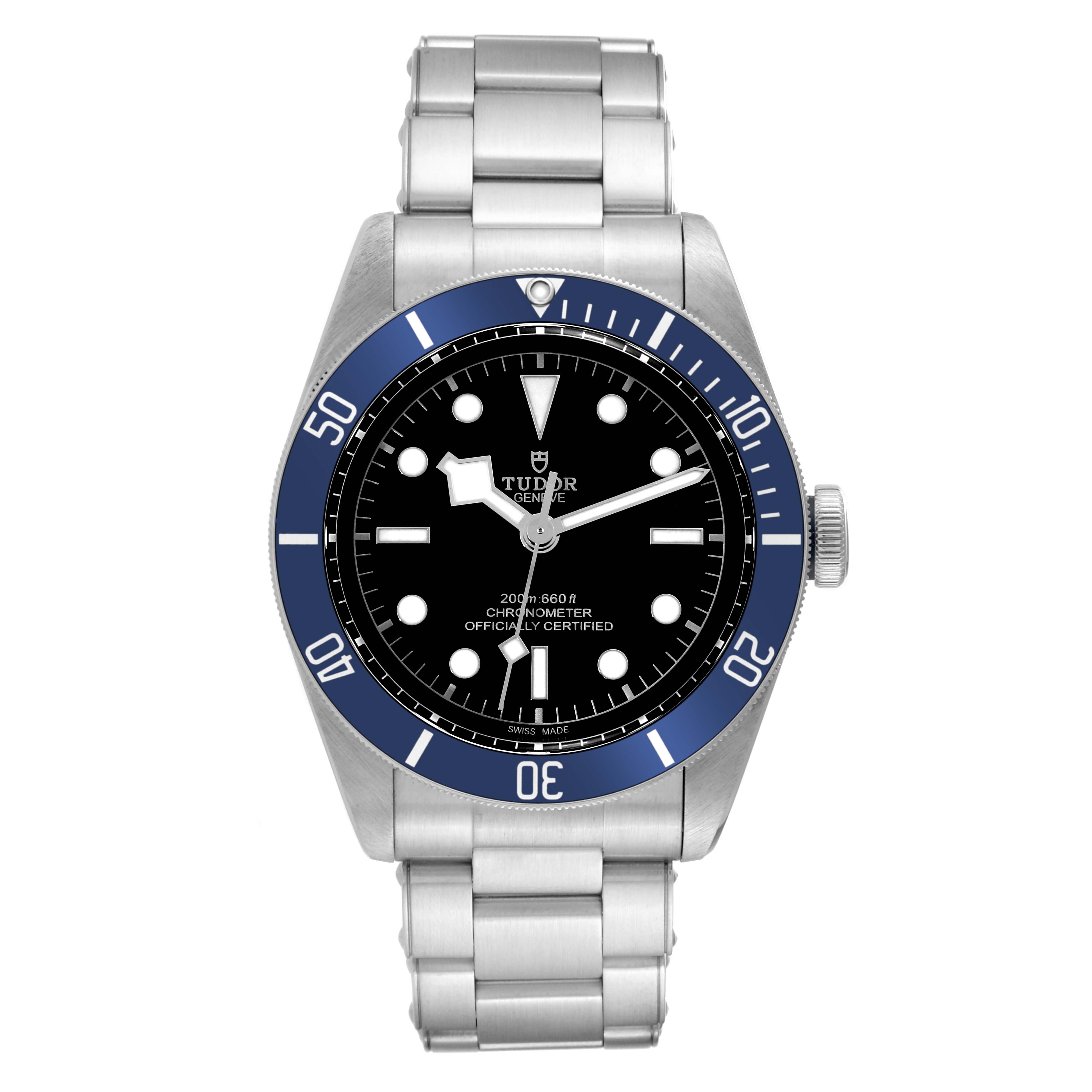 This image shows a front view of a Tudor Heritage Black Bay 79230B Men's Stainless Steel Black Dial 79230B Men's Stainless Steel Black Dial watch, displaying its face, bezel, and metal bracelet.