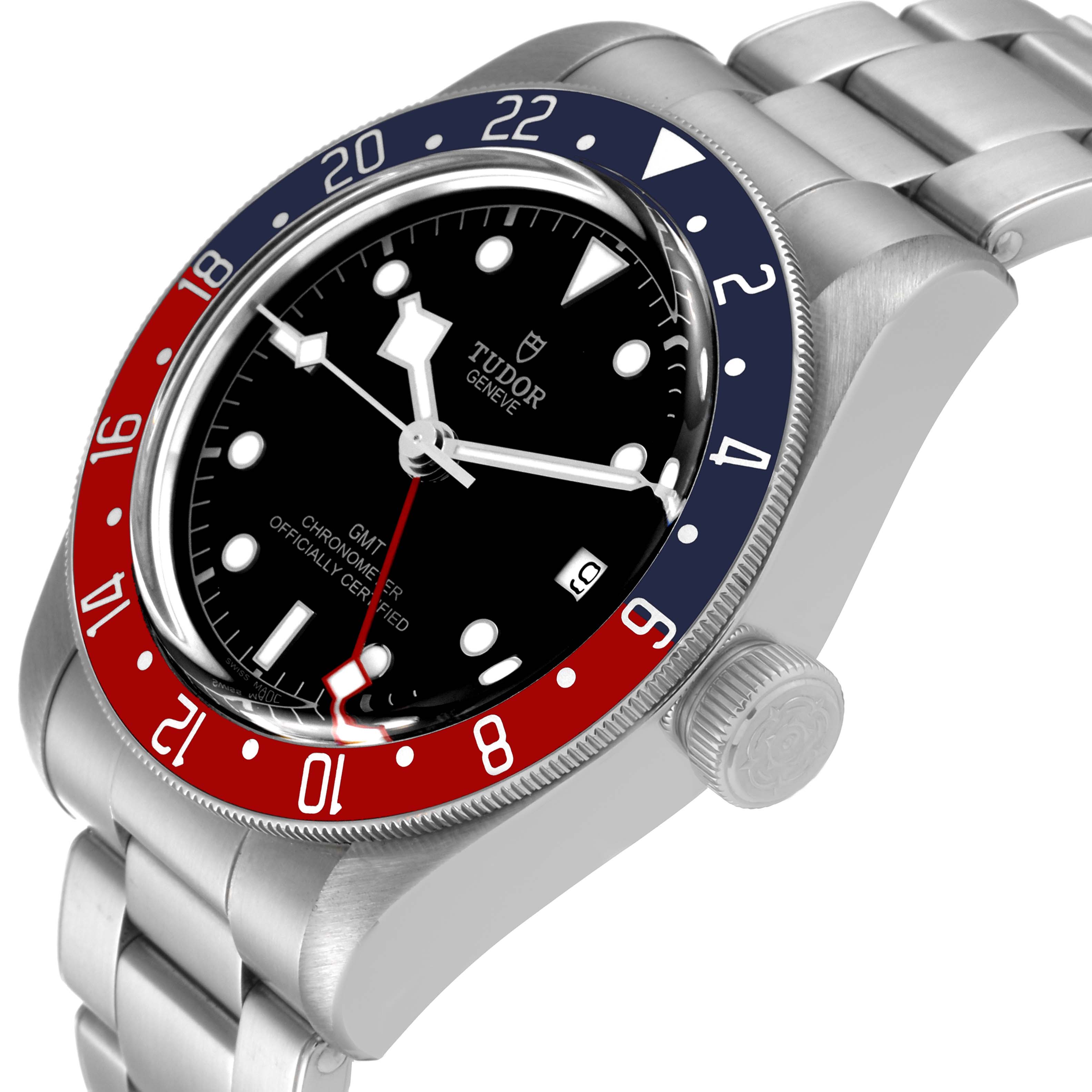The image displays a Tudor Heritage Black Bay 79830RB Men
s Stainless Steel Black Dial 79830RB Men
s Stainless Steel Black Dial watch at an angle showing the face, bezel, crown, and part of the metal bracelet.