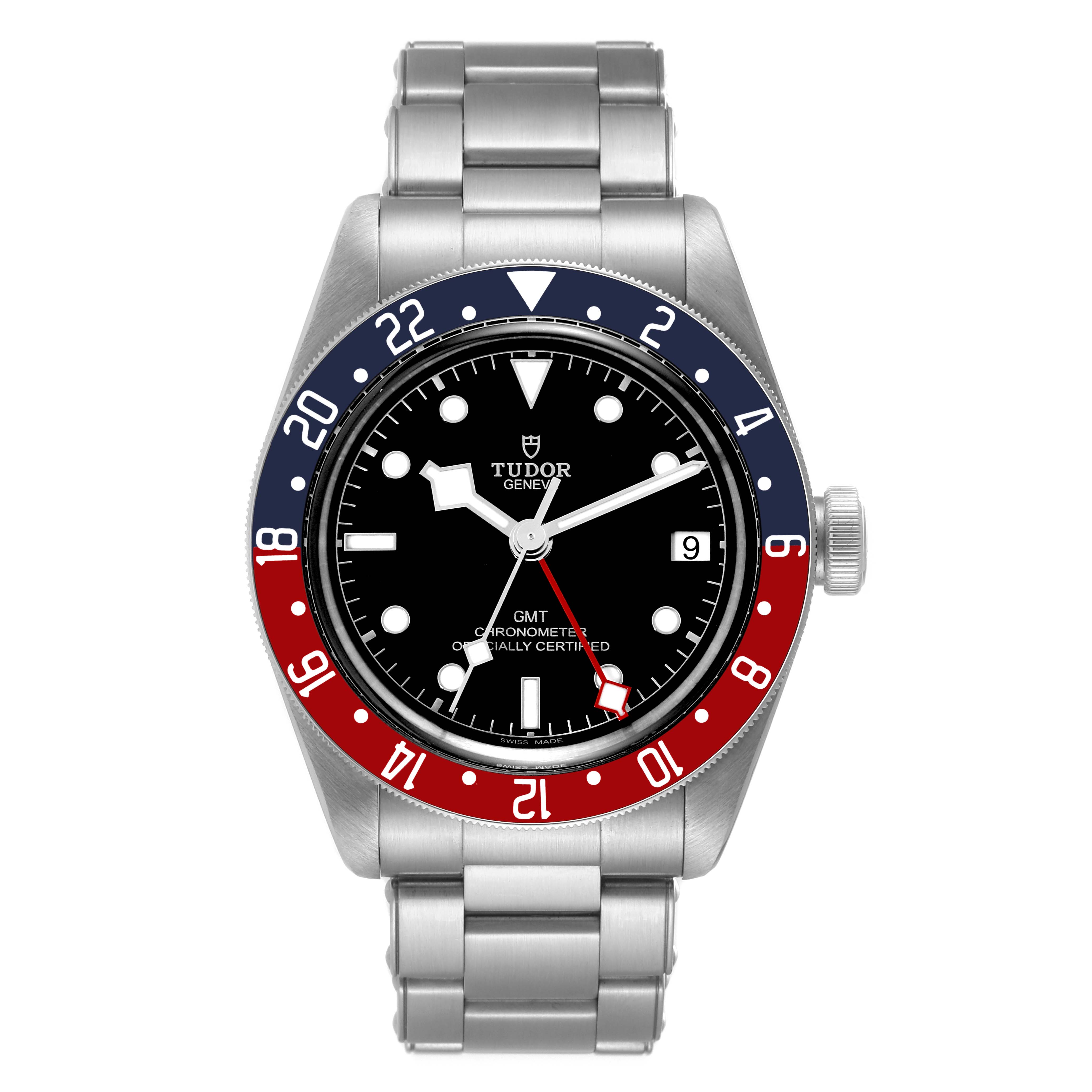 This image shows a front view of the Tudor Heritage Black Bay 79830RB Men
s Stainless Steel Black Dial 79830RB Men
s Stainless Steel Black Dial GMT watch, featuring the dial, bezel, and bracelet.