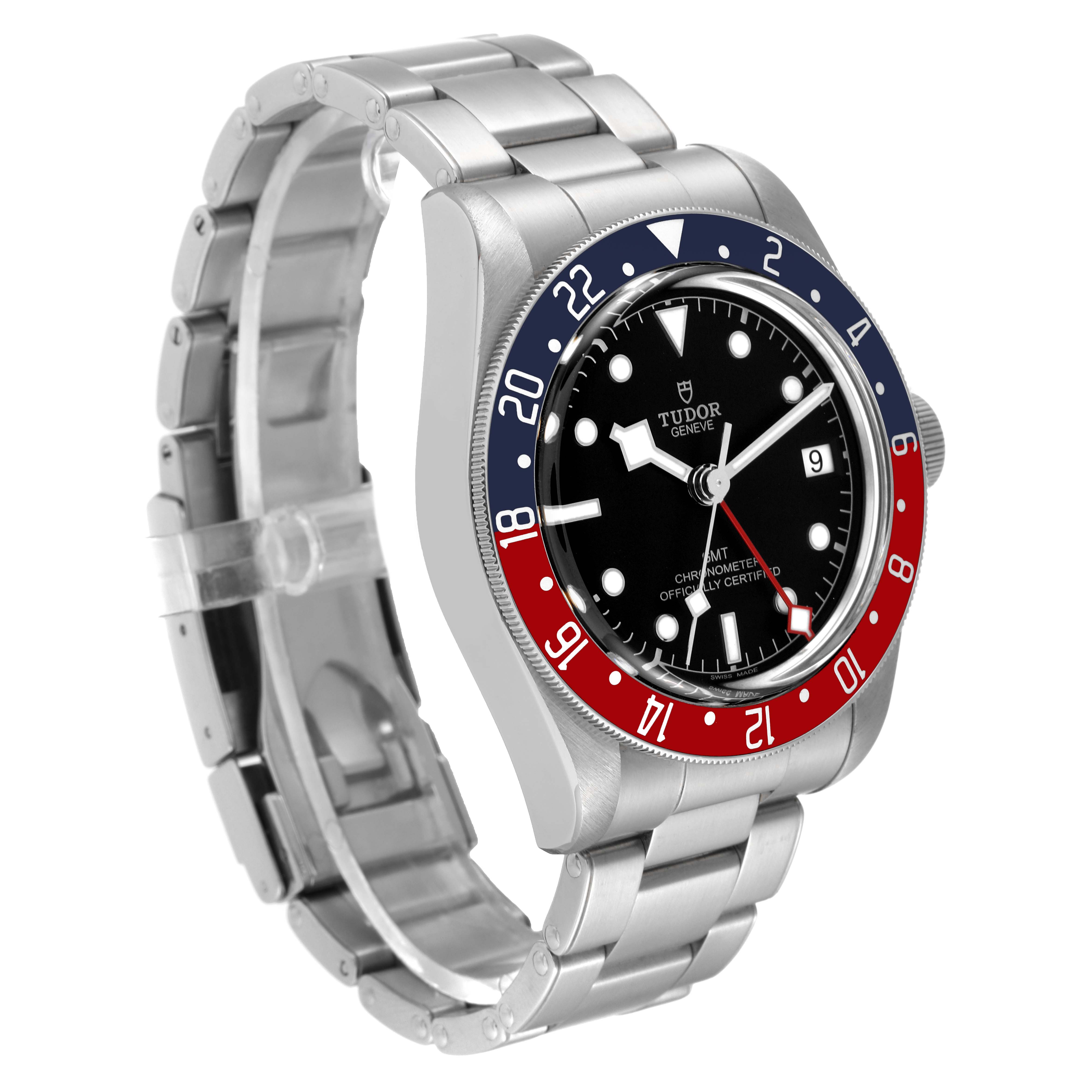 The Tudor Heritage Black Bay 79830RB Men
s Stainless Steel Black Dial 79830RB Men
s Stainless Steel Black Dial watch is shown from a three-quarter angle, displaying its bezel, dial, and bracelet.