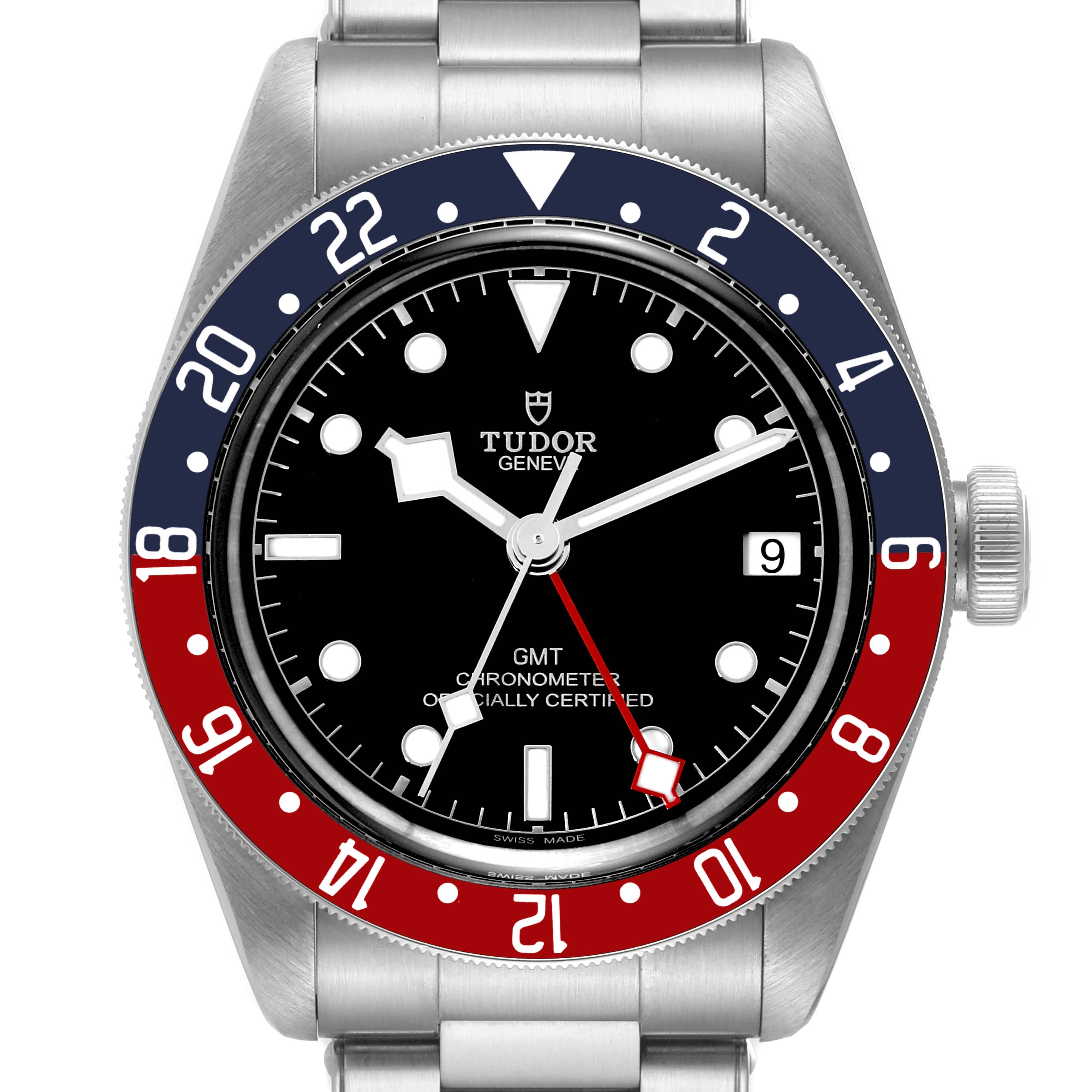 The image shows a front-on view of a Tudor Heritage Black Bay 79830RB Men
s Stainless Steel Black Dial 79830RB Men
s Stainless Steel Black Dial watch, displaying the dial, bezel, crown, and part of the bracelet.
