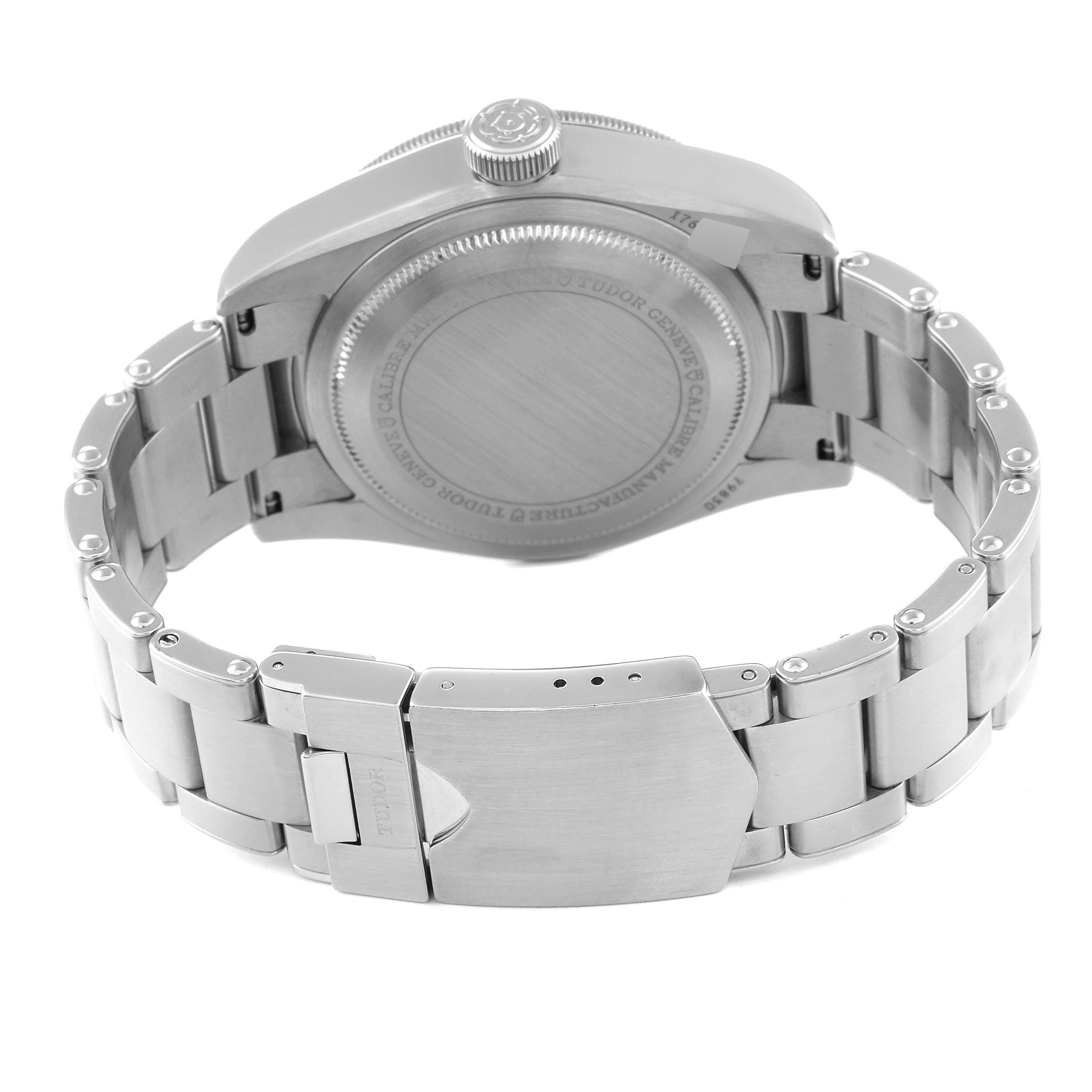 This image shows the back casing and stainless steel bracelet clasp of a Tudor Heritage Black Bay 79830RB Men
s Stainless Steel Black Dial 79830RB Men
s Stainless Steel Black Dial watch.