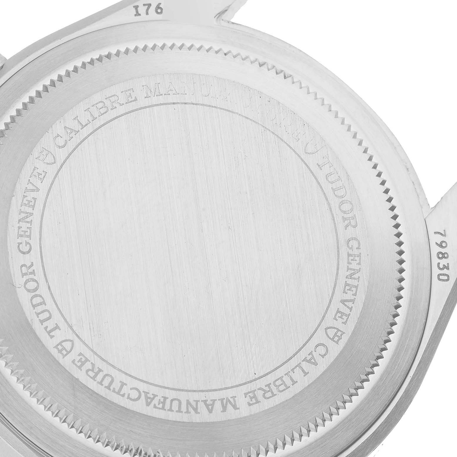 This is the back side of a Tudor Heritage Black Bay 79830RB Men
s Stainless Steel Black Dial 79830RB Men
s Stainless Steel Black Dial watch, showing the case back and engraved details.