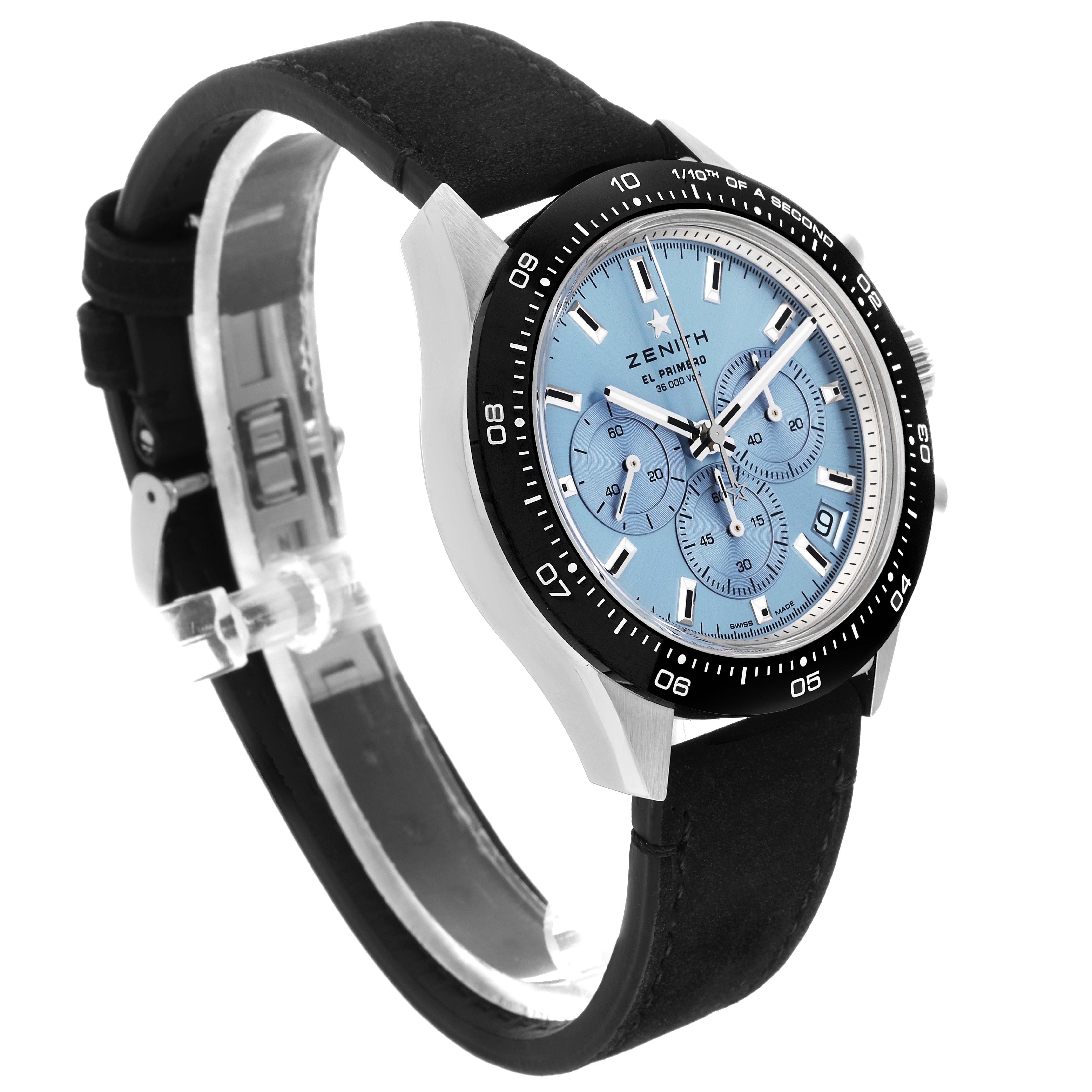 The Zenith Chronomaster 65.3104.3600 Men's White Gold Blue Dial 65.3104.3600 Men's White Gold Blue Dial watch is shown at a three-quarter angle, displaying the face, dial, bezel, and part of the strap.