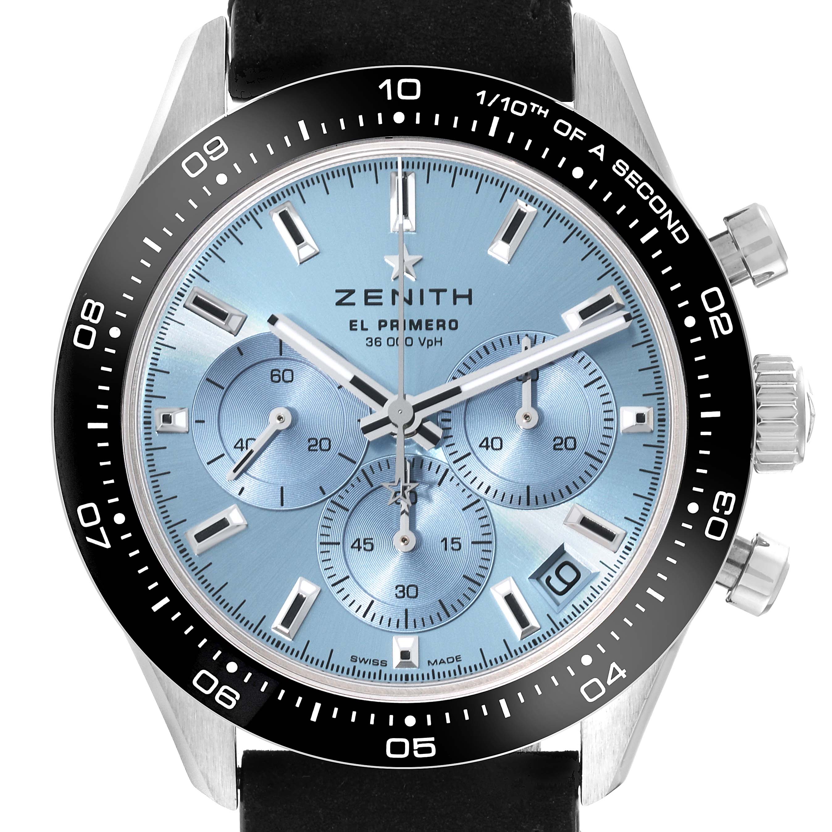 The Zenith Chronomaster 65.3104.3600 Men's White Gold Blue Dial 65.3104.3600 Men's White Gold Blue Dial watch is shown from the front, displaying its dial, subdials, bezel, and crown.