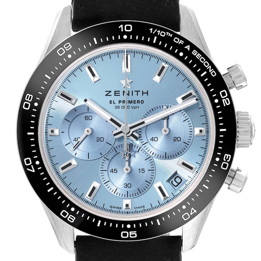 The Zenith Chronomaster watch is shown from the front, displaying its dial, subdials, bezel, and crown.