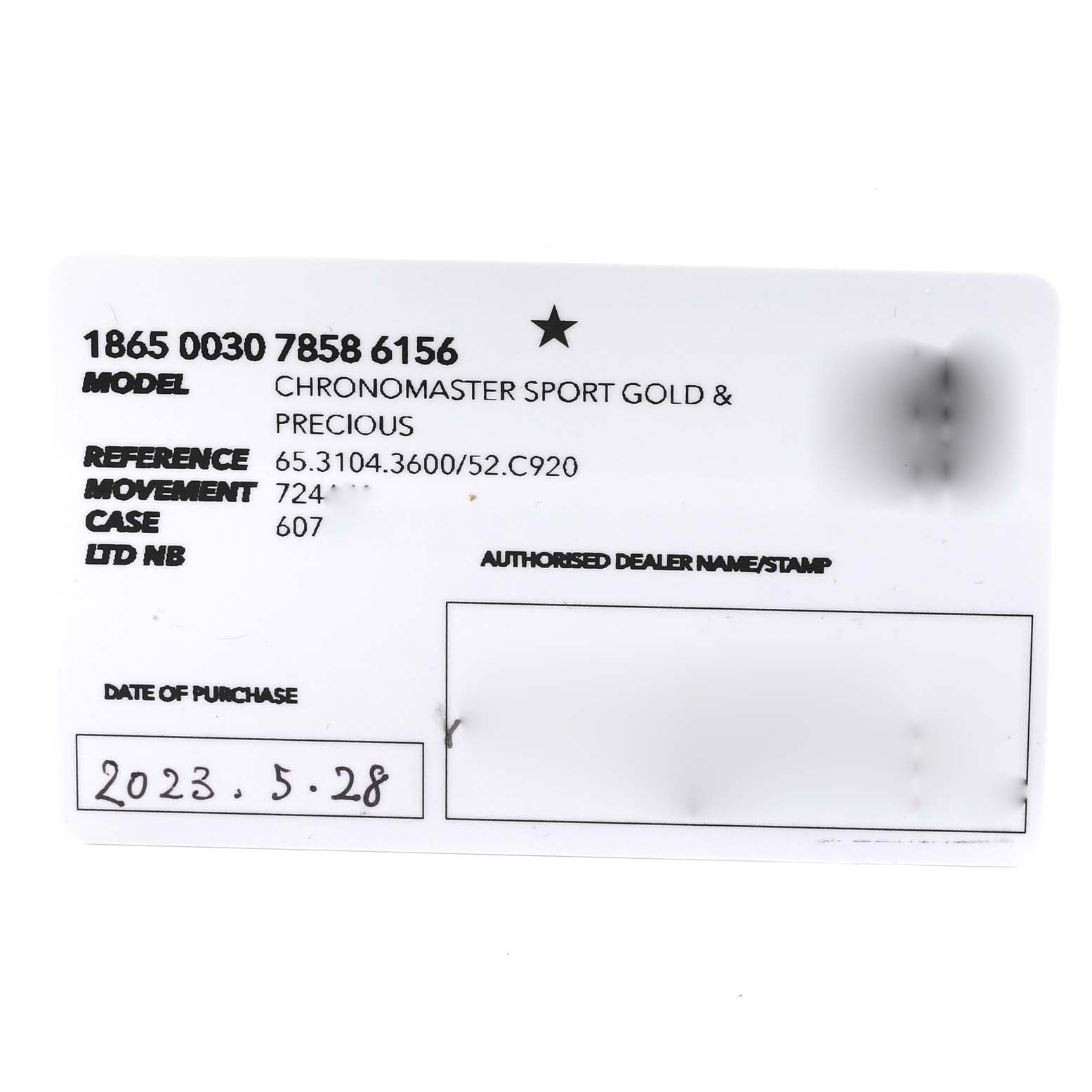 The image shows a Zenith Chronomaster 65.3104.3600 Men's White Gold Blue Dial 65.3104.3600 Men's White Gold Blue Dial model warranty card with details like model, reference, case, and date of purchase.