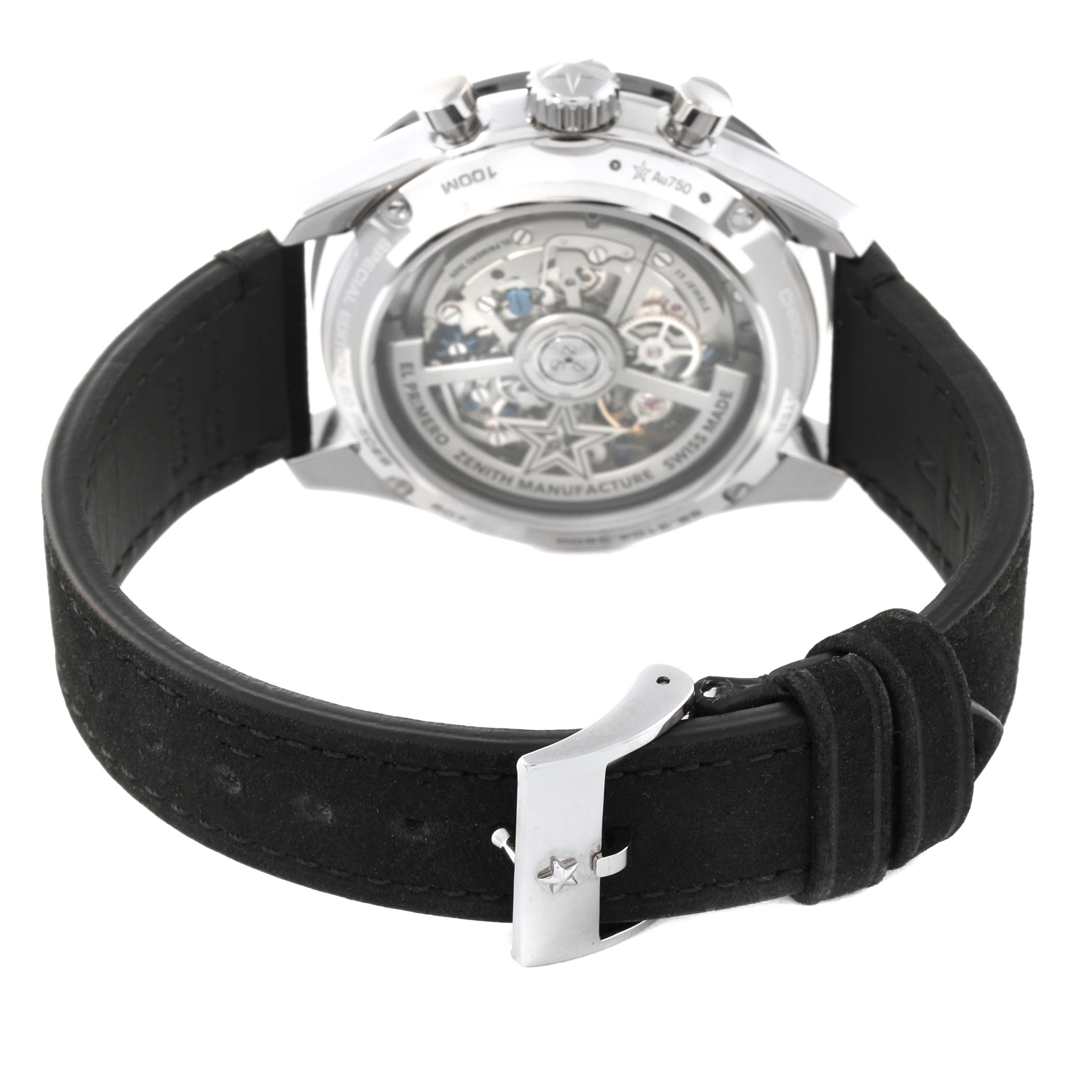 The Zenith Chronomaster 65.3104.3600 Men's White Gold Blue Dial 65.3104.3600 Men's White Gold Blue Dial watch is shown from the back, highlighting the transparent case back and black strap with buckle.