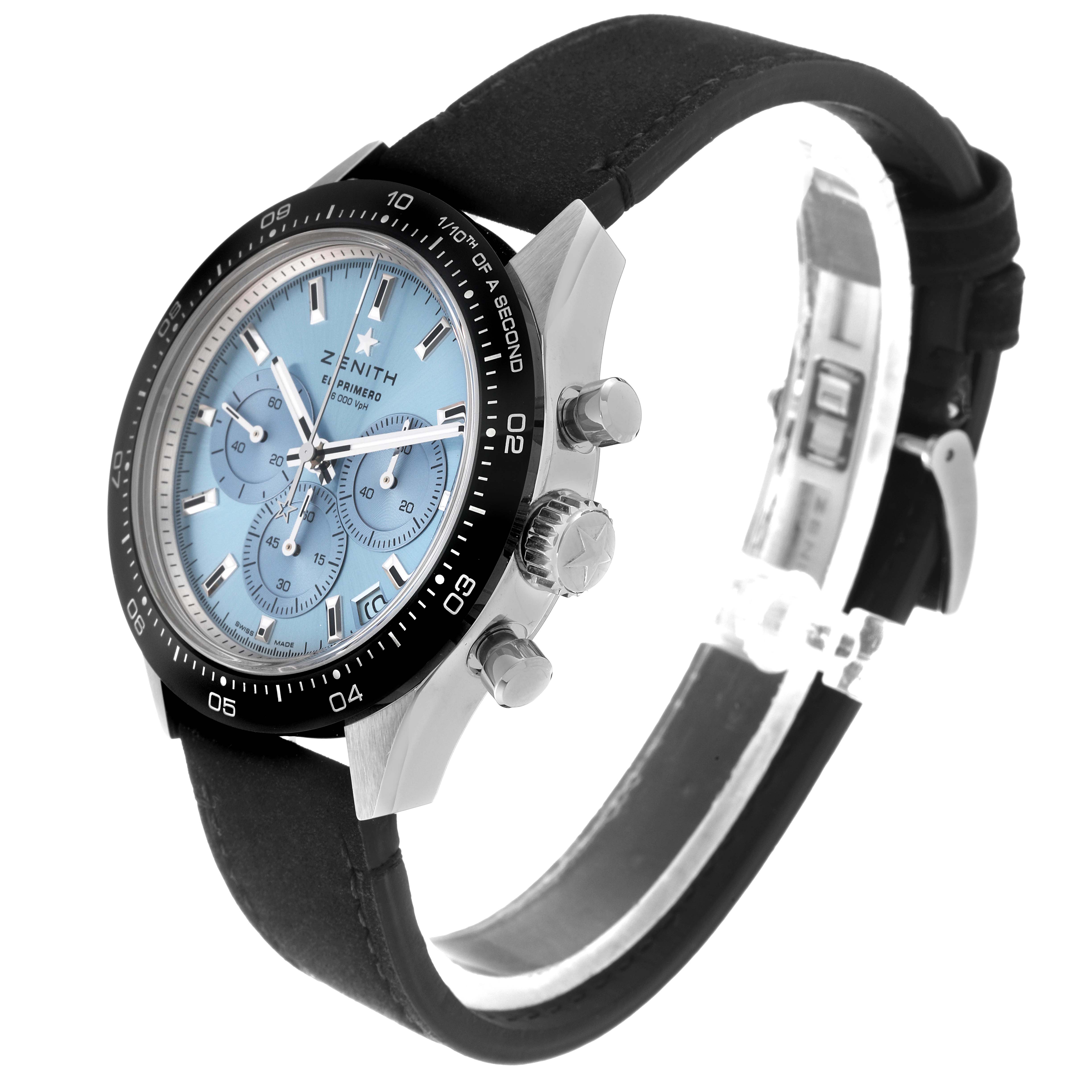 The Zenith Chronomaster 65.3104.3600 Men's White Gold Blue Dial 65.3104.3600 Men's White Gold Blue Dial watch is shown at a three-quarter angle, highlighting the case, bezel, crown, pushers, and strap.