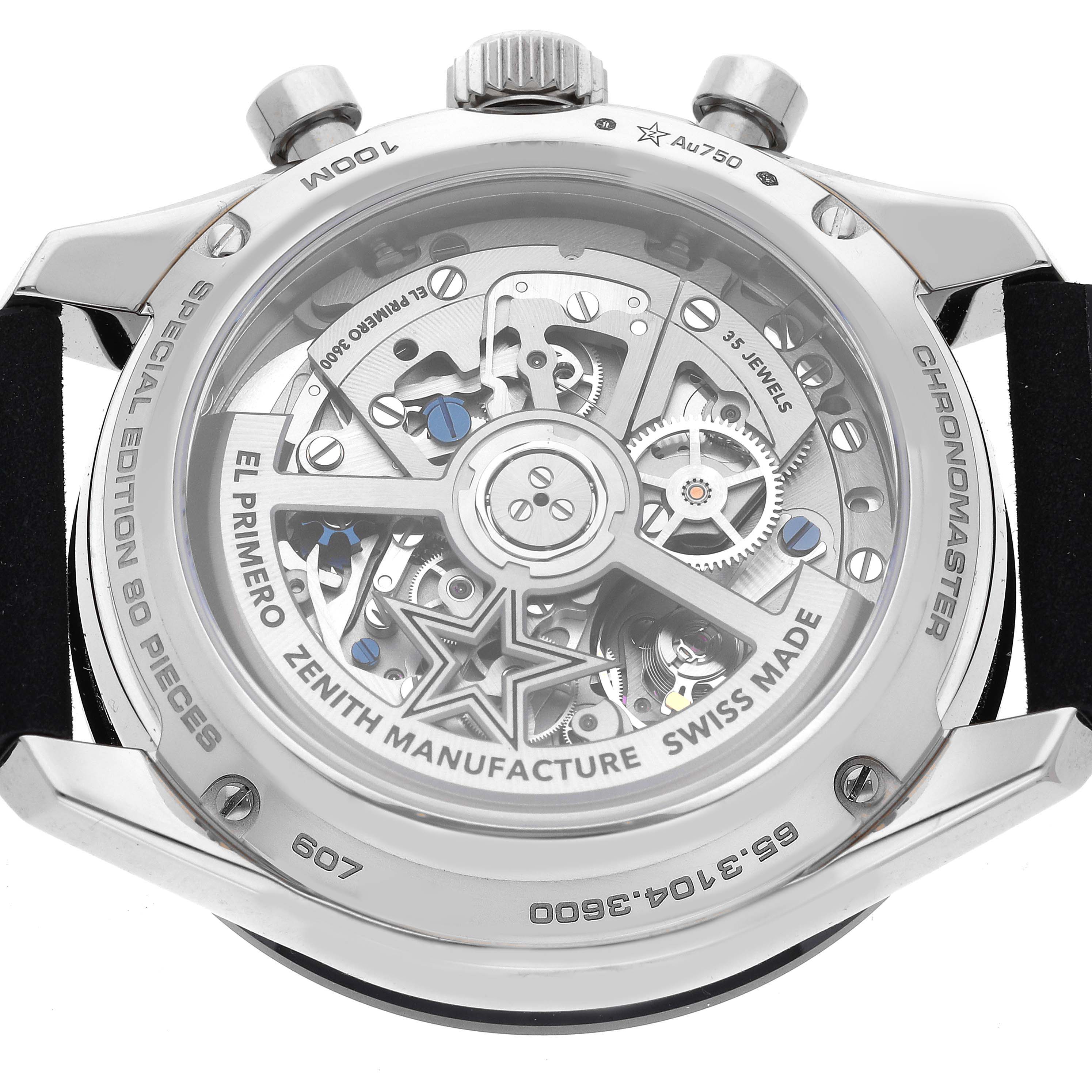 The image shows the back of the Zenith Chronomaster 65.3104.3600 Men's White Gold Blue Dial 65.3104.3600 Men's White Gold Blue Dial watch, highlighting the movement and intricate internal mechanisms.