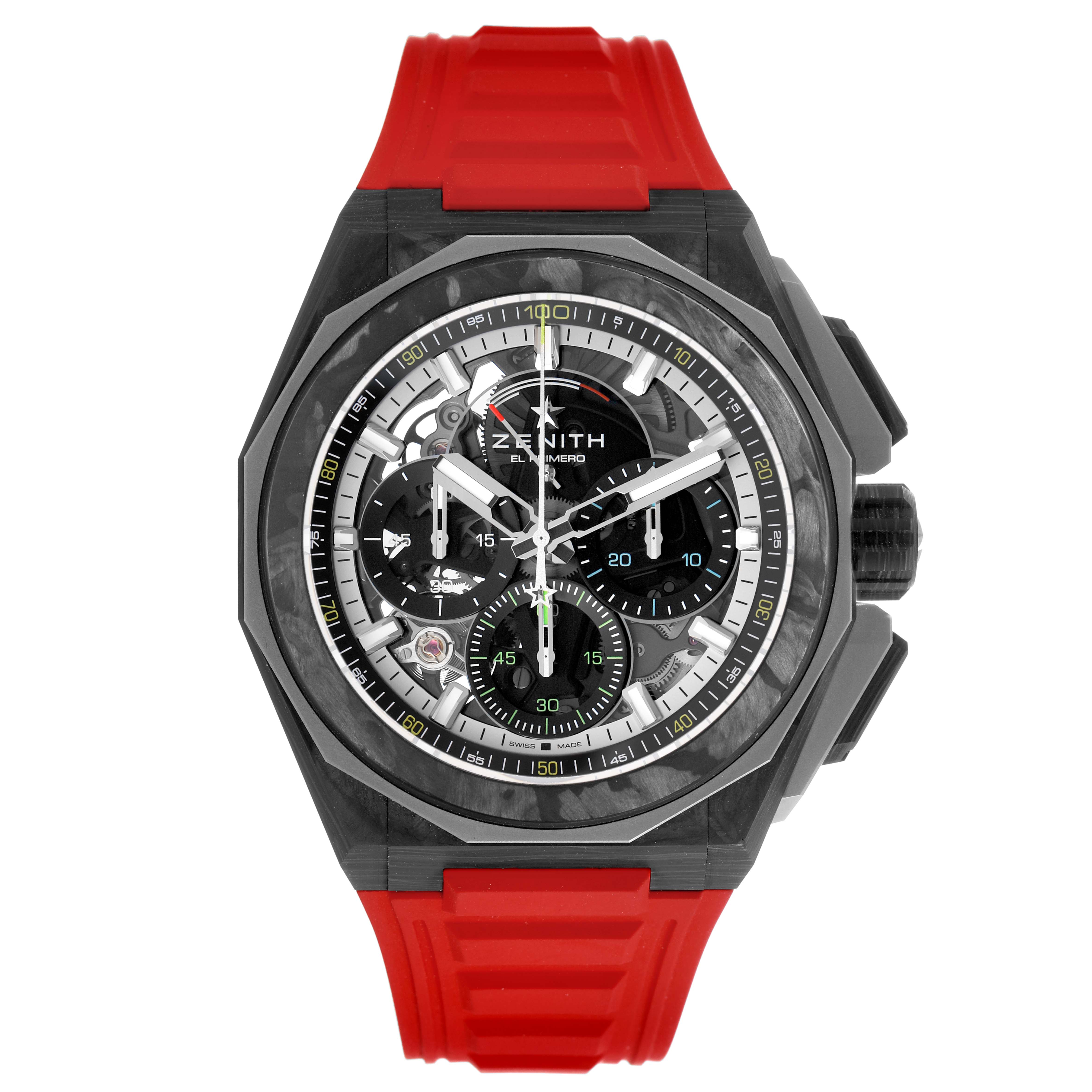 The Zenith Defy 10.9100.9004/22.I200 Men's Ceramic Black Dial watch is shown from the front, highlighting its dial, subdials, and red rubber strap.