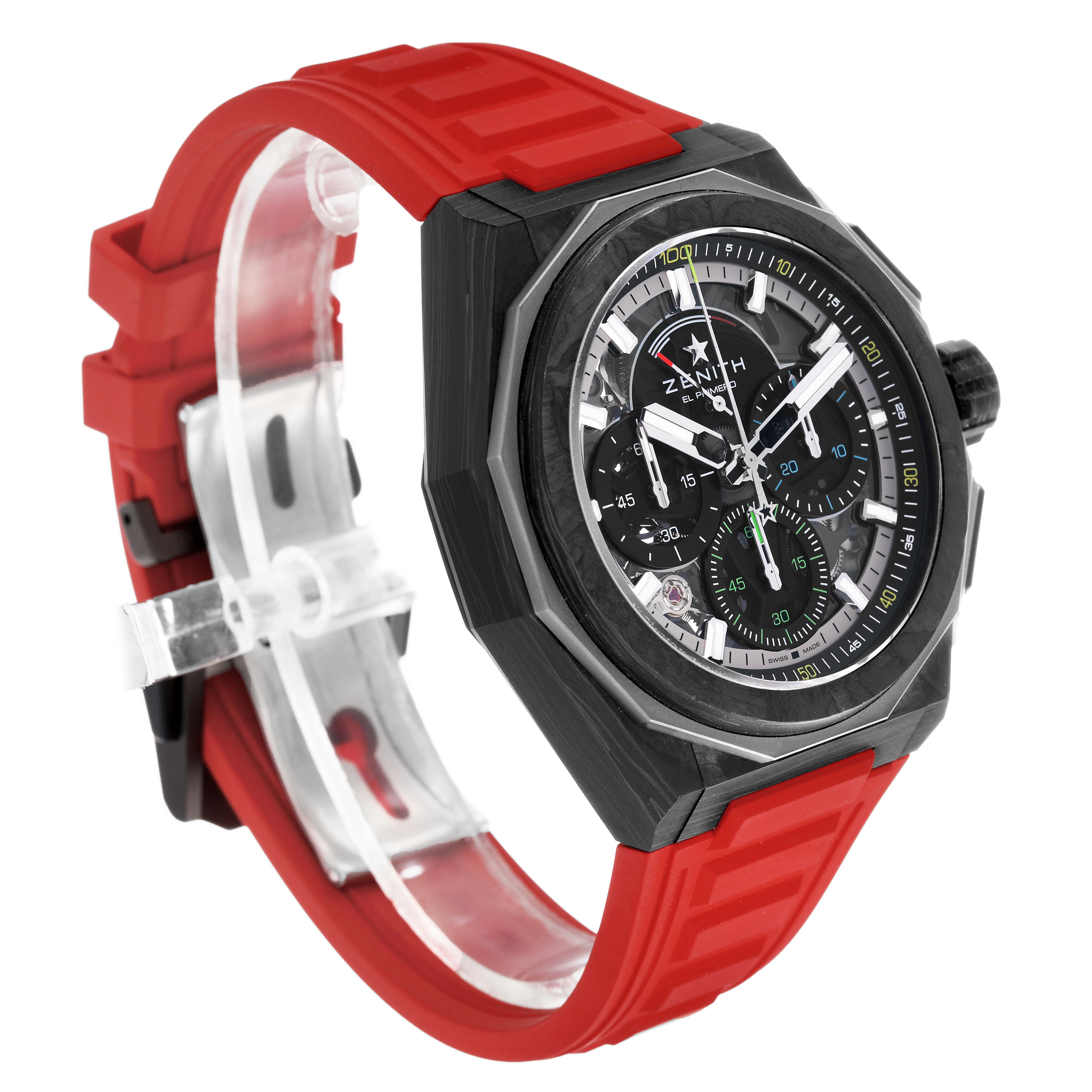 The Zenith Defy 10.9100.9004/22.I200 Men's Ceramic Black Dial model watch is shown at a three-quarter angle, displaying its dial, bezel, and red strap.