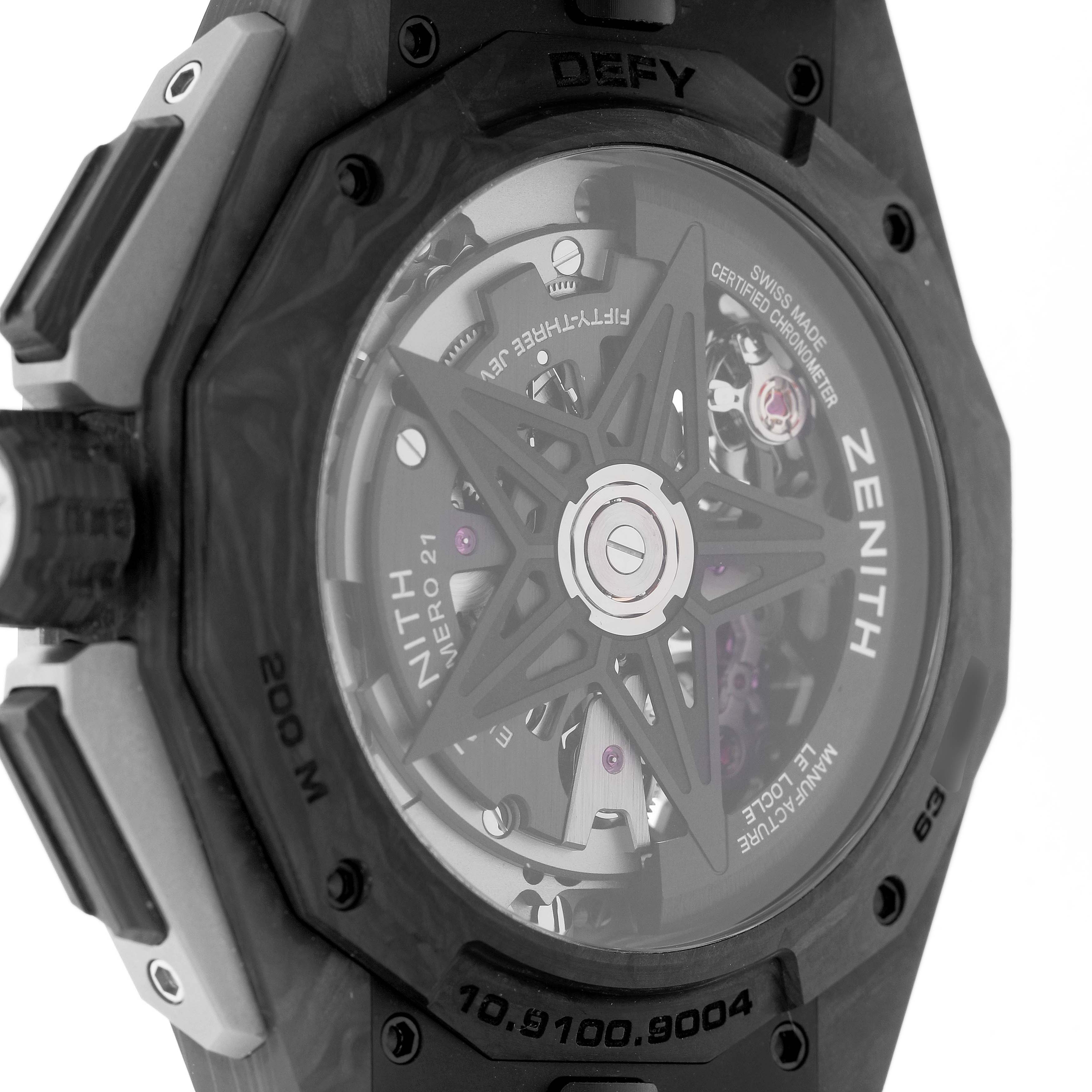 The image shows a Zenith Defy 10.9100.9004/22.I200 Men's Ceramic Black Dial watch from a side angle, focusing on the case back and movement details.