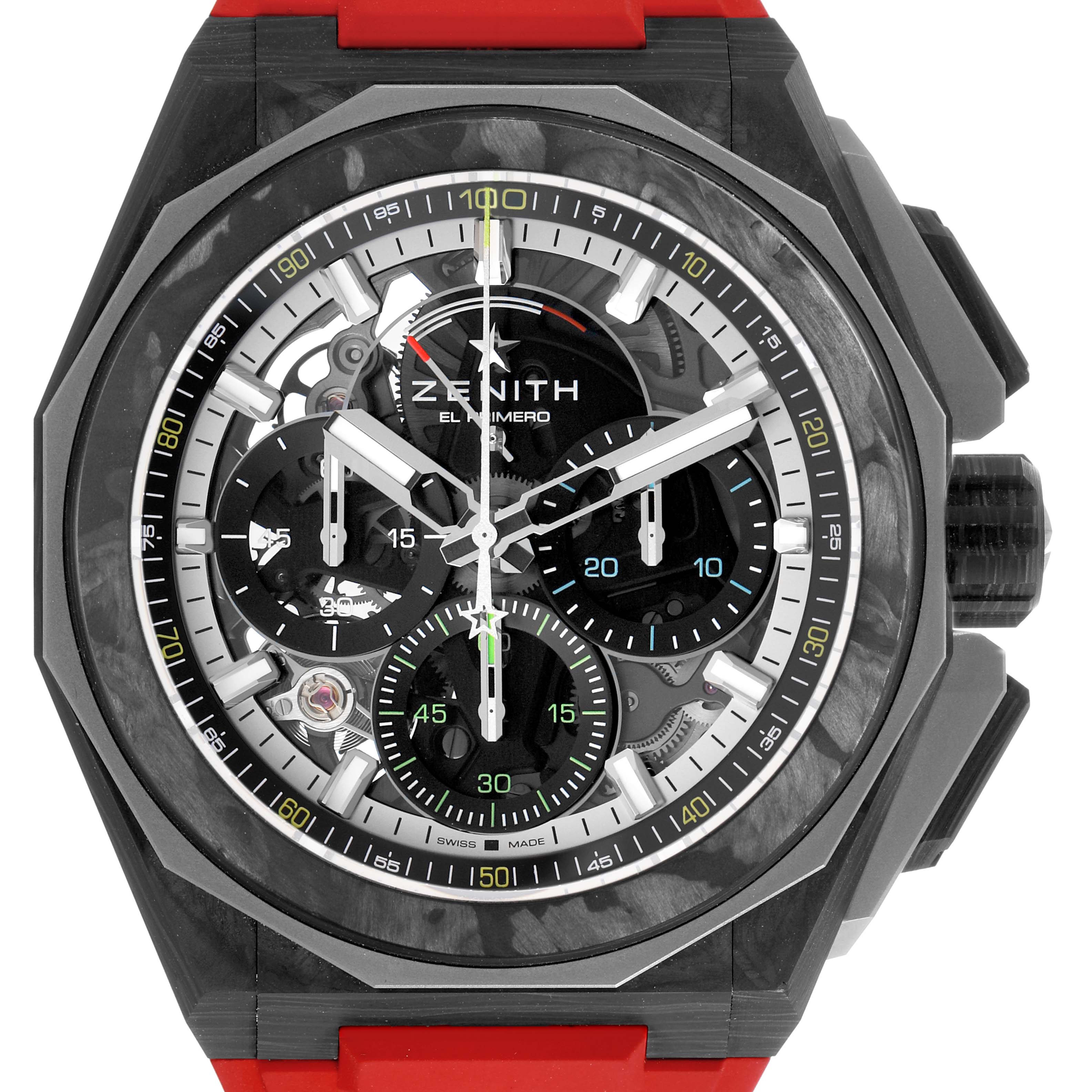 The Zenith Defy 10.9100.9004/22.I200 Men's Ceramic Black Dial model watch is shown from the front, highlighting its face, bezel, and chronograph features with a red strap.