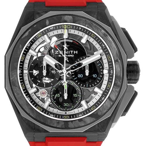 The Zenith Defy 10.9100.9004/22.I200 Men's Ceramic Black Dial watch is shown from a front angle, highlighting its intricate dial, subdials, and red strap attachment.
