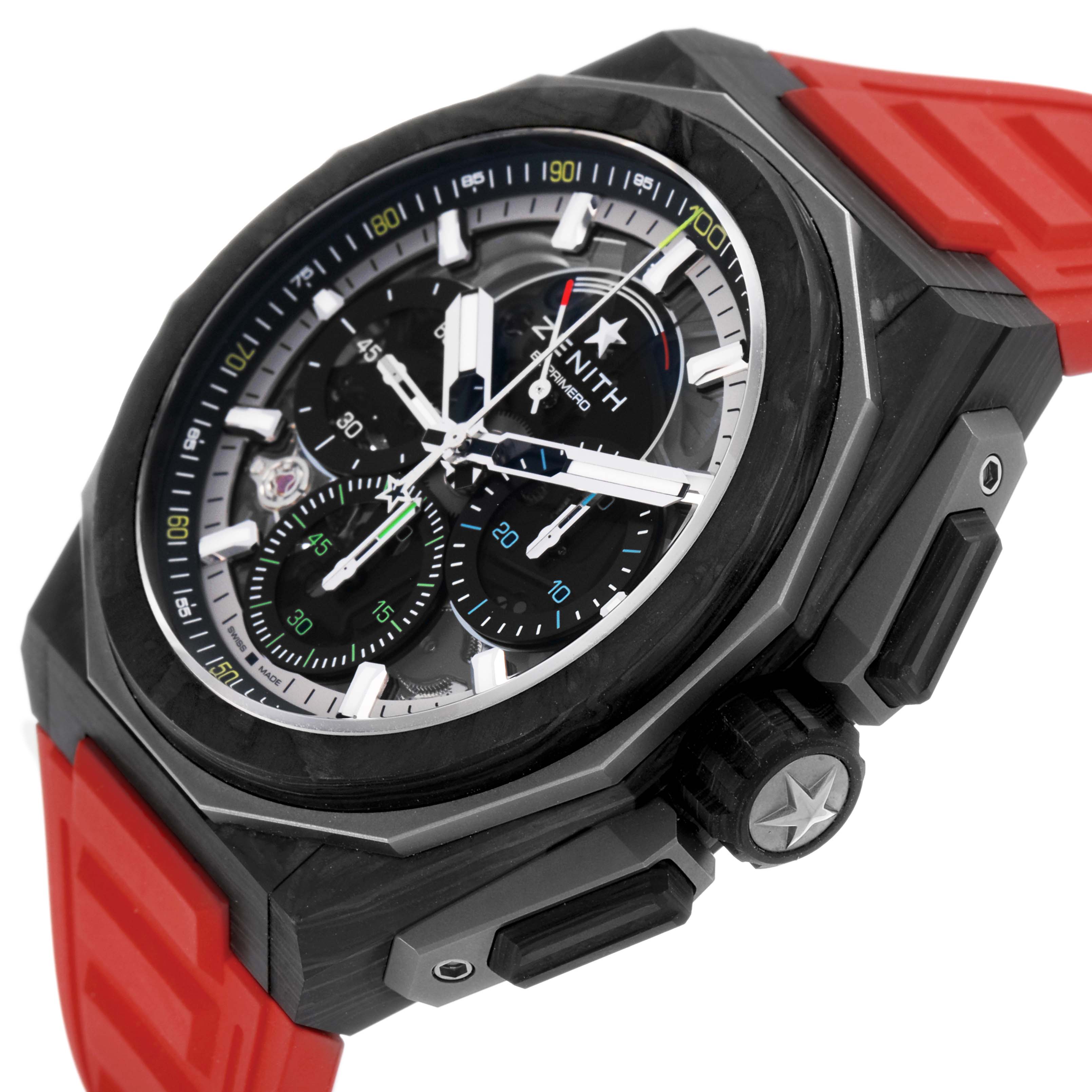 The Zenith Defy 10.9100.9004/22.I200 Men's Ceramic Black Dial watch is shown at a slight angle, highlighting the dial, red strap, and side buttons.