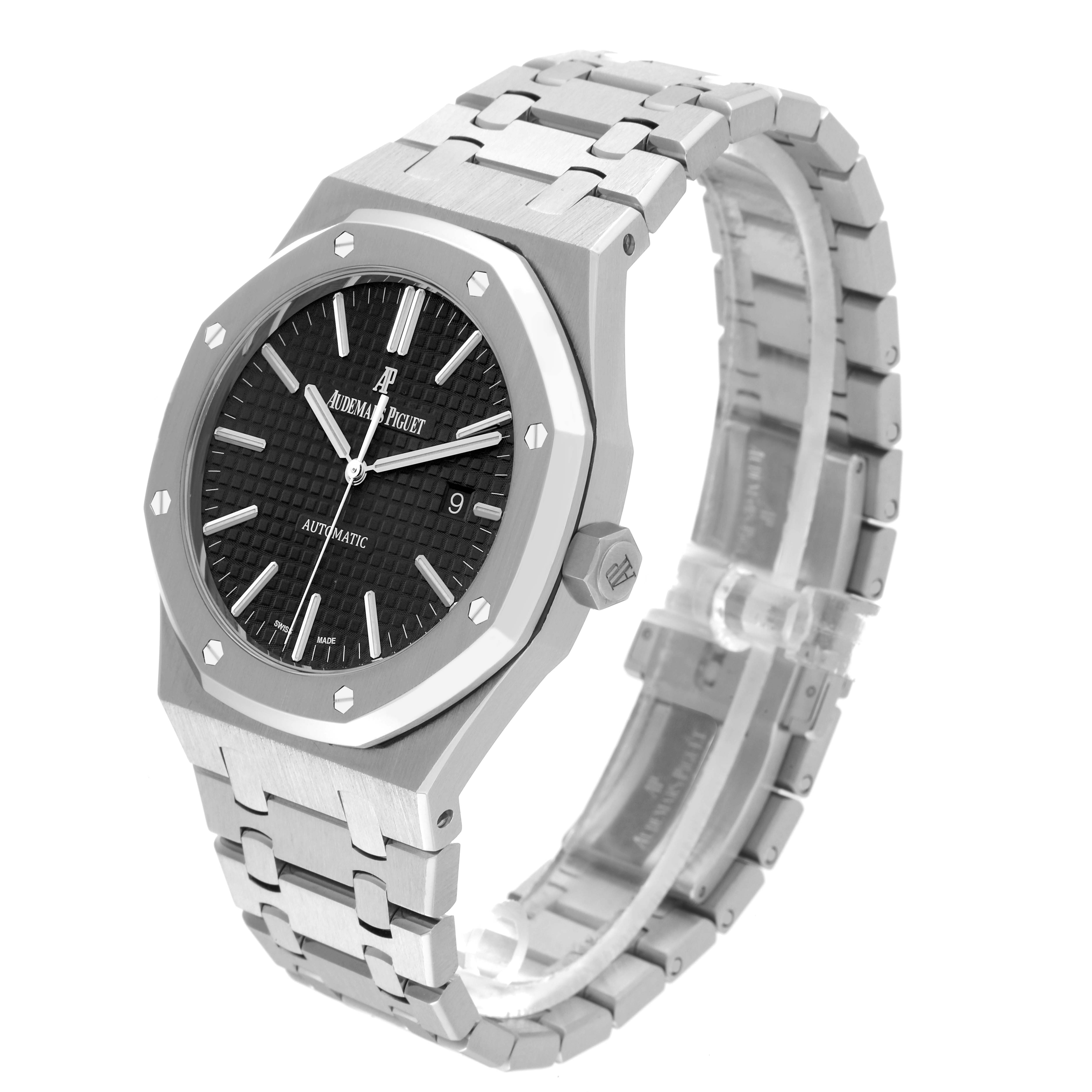 The image shows an Audemars Piguet Royal Oak 15400ST.OO.1220ST.01 Men's Stainless Steel Black Dial 15400ST.OO.1220ST.01 Men's Stainless Steel Black Dial watch from a three-quarter angle, highlighting the face, bracelet, and crown.