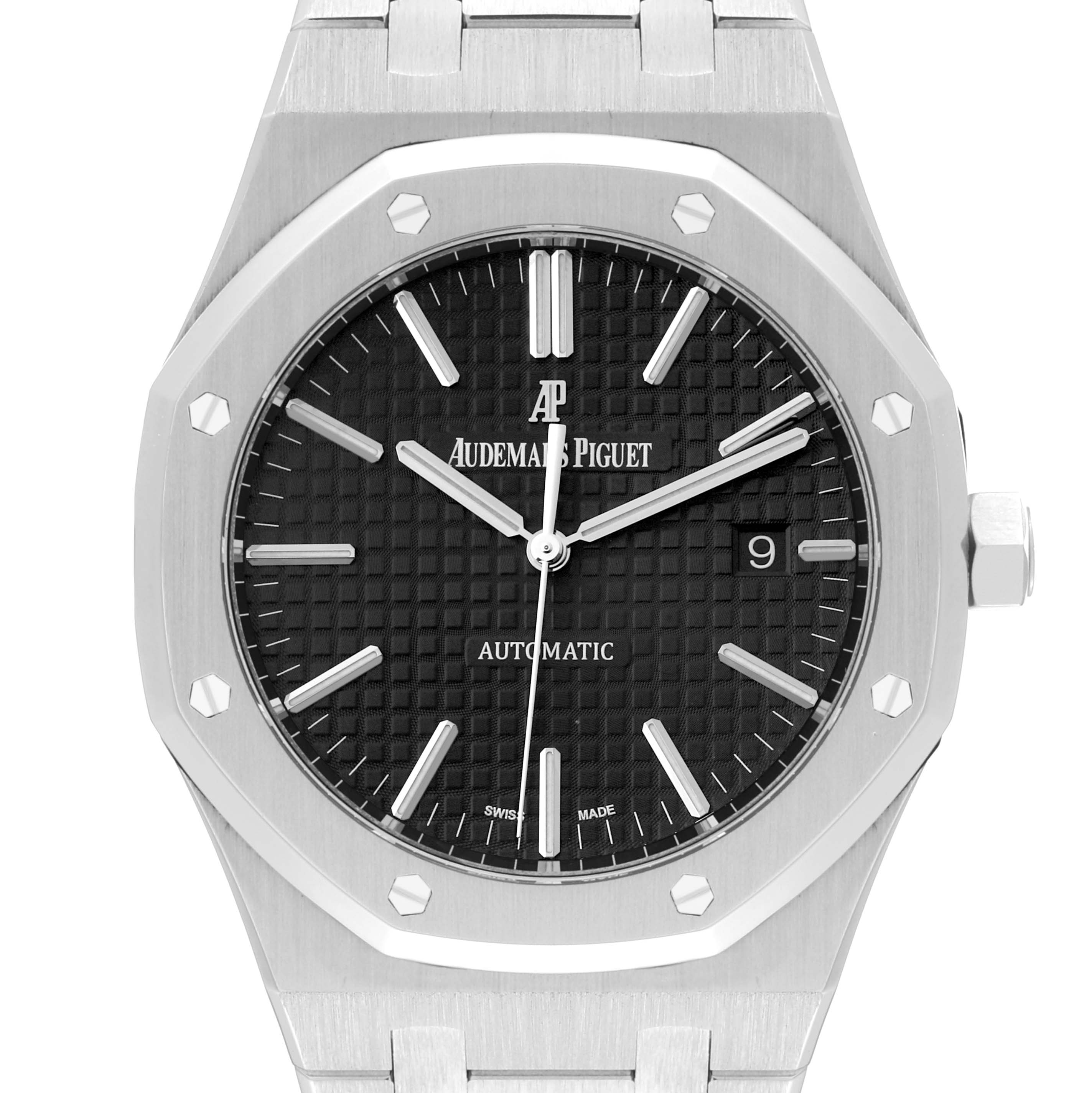 The image shows a frontal view of the Audemars Piguet Royal Oak 15400ST.OO.1220ST.01 Men's Stainless Steel Black Dial 15400ST.OO.1220ST.01 Men's Stainless Steel Black Dial watch, focusing on the dial, bezel, and part of the bracelet.