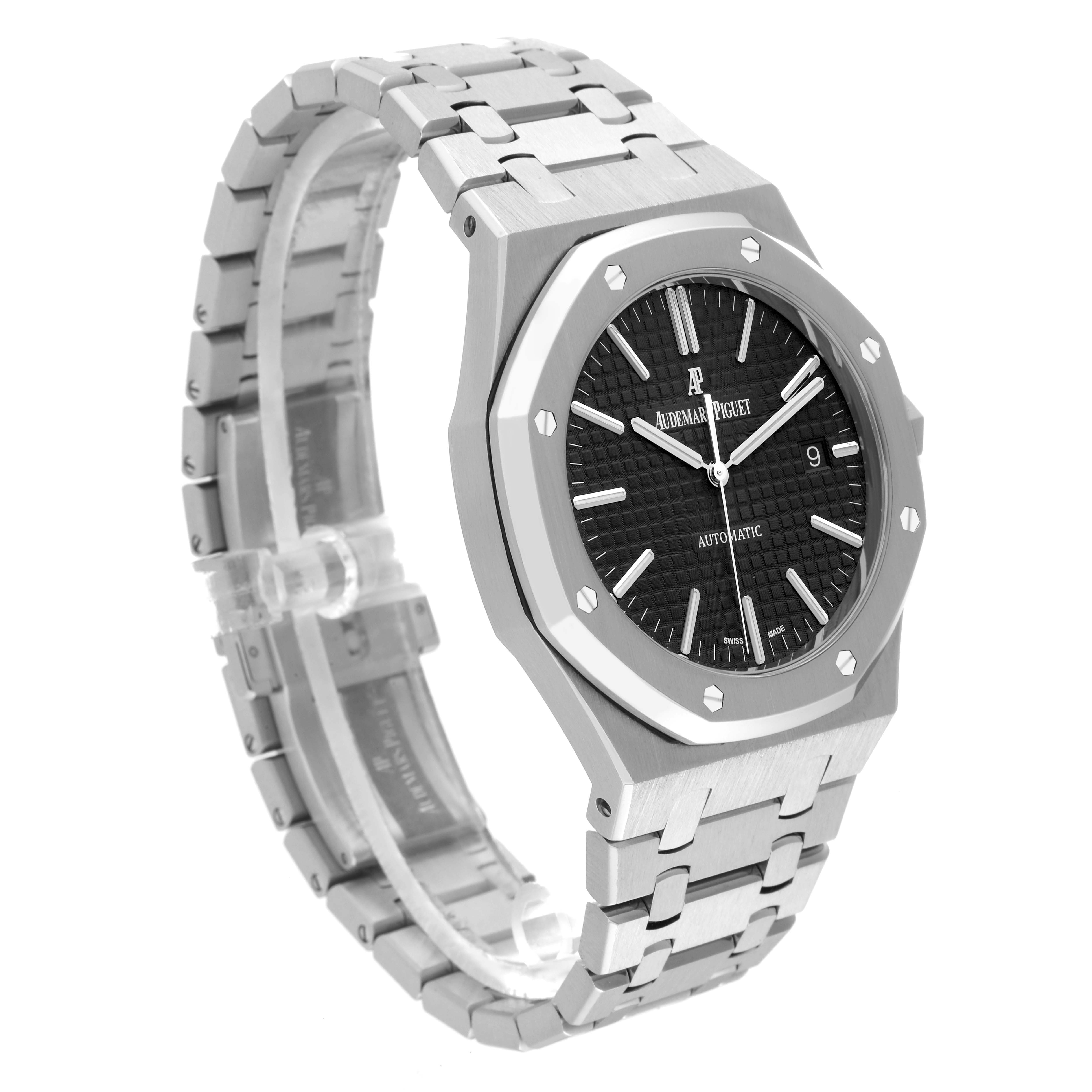 This image shows a side angle of the Audemars Piguet Royal Oak 15400ST.OO.1220ST.01 Men's Stainless Steel Black Dial 15400ST.OO.1220ST.01 Men's Stainless Steel Black Dial watch displaying the dial, bezel, and bracelet.