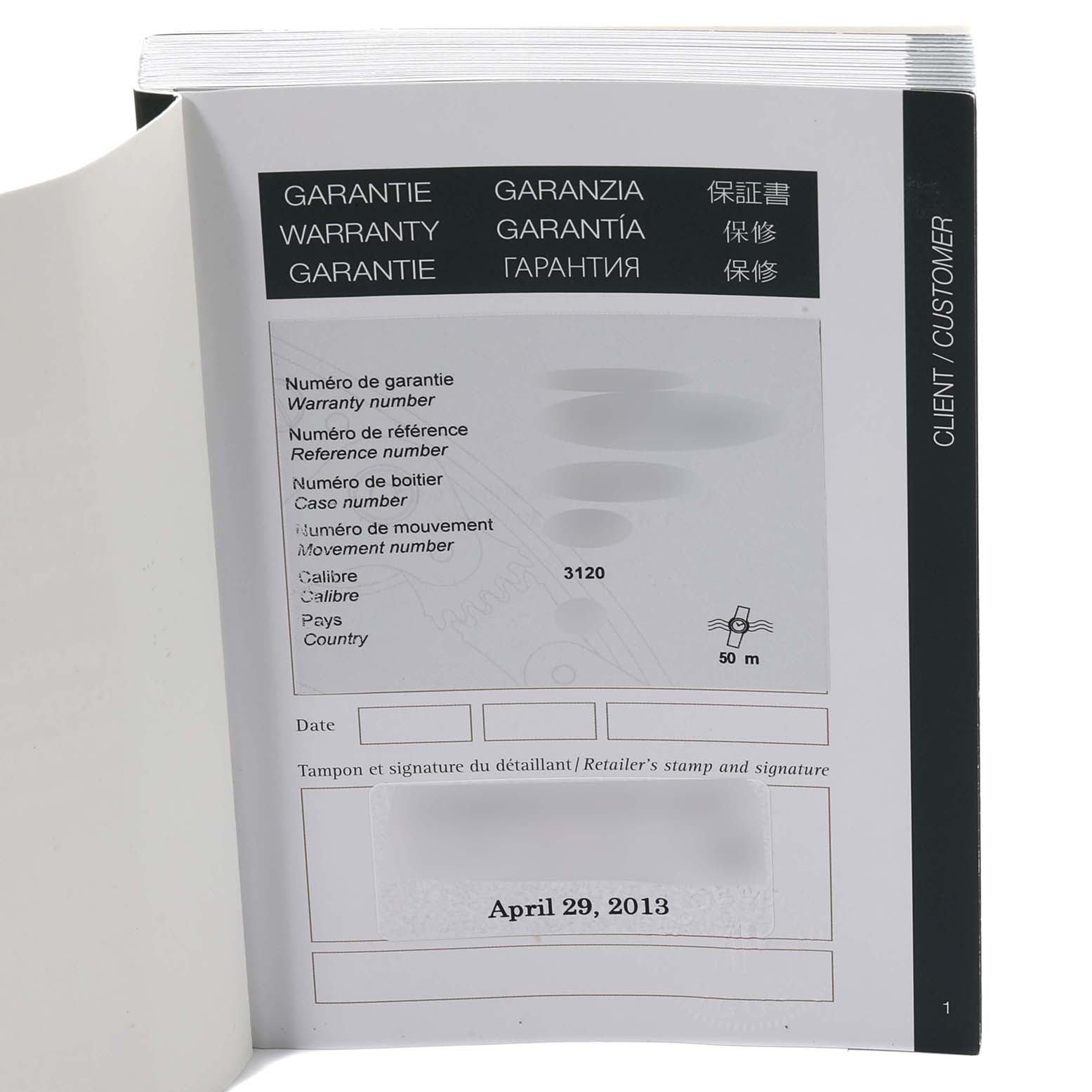 The image shows the warranty booklet for an Audemars Piguet Royal Oak 15400ST.OO.1220ST.01 Men's Stainless Steel Black Dial 15400ST.OO.1220ST.01 Men's Stainless Steel Black Dial watch opened to the client information page.