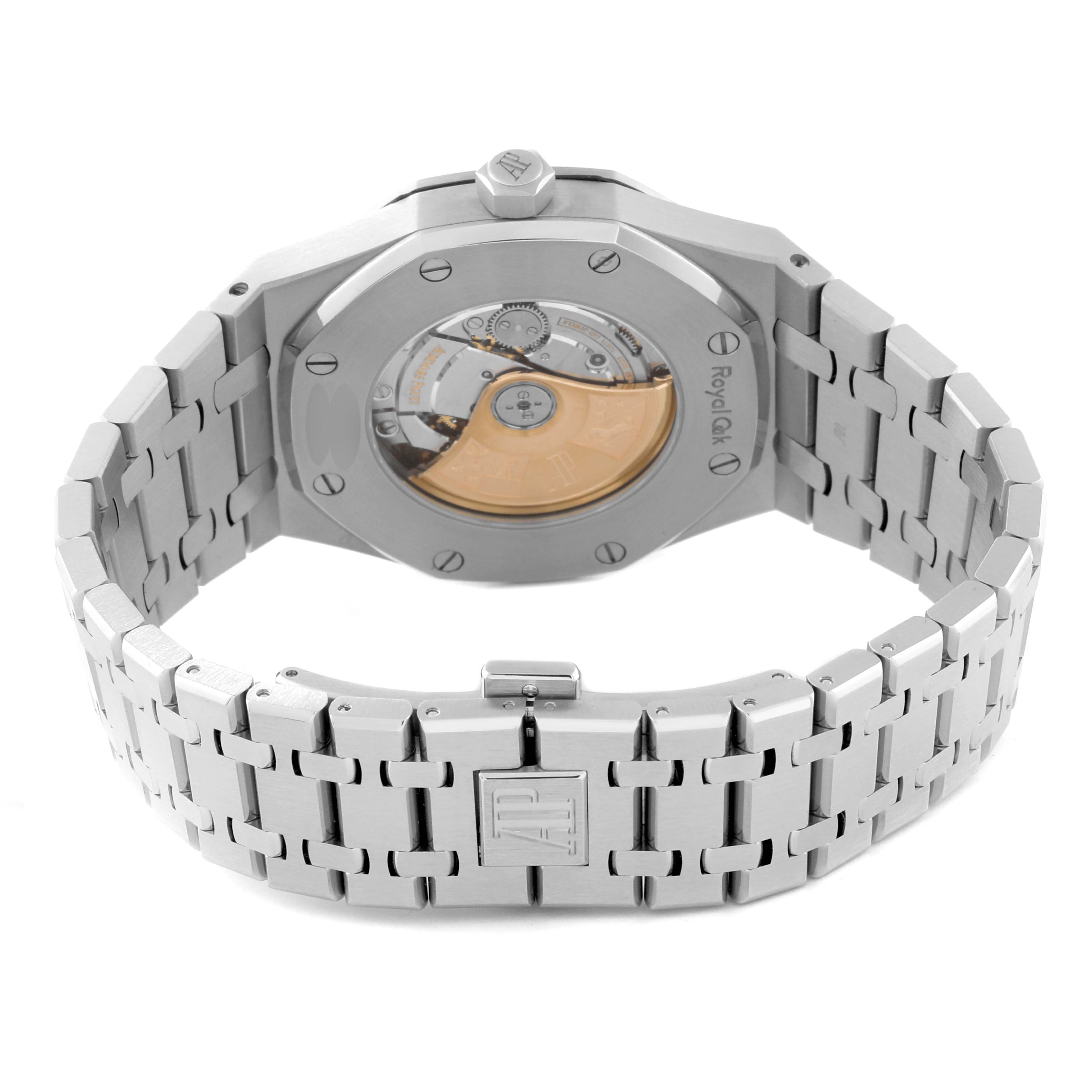 The image shows the back view of the Audemars Piguet Royal Oak 15400ST.OO.1220ST.01 Men's Stainless Steel Black Dial 15400ST.OO.1220ST.01 Men's Stainless Steel Black Dial watch, highlighting the bracelet, clasp, and visible movement.