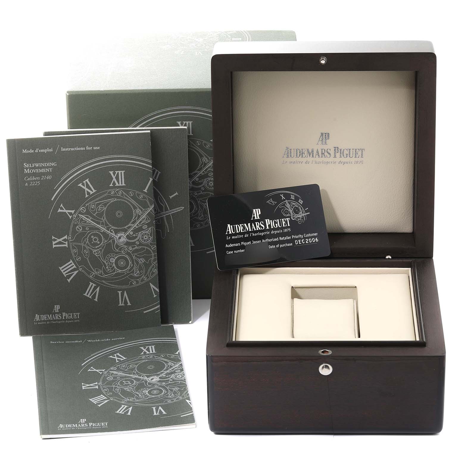 The image shows the packaging and accessories for an Audemars Piguet Royal Oak 14790ST.OO.0789ST.10.A Men's Stainless Steel Silver Dial 14790ST.OO.0789ST.10.A Men's Stainless Steel Silver Dial watch, including the box, manuals, and a certification card.