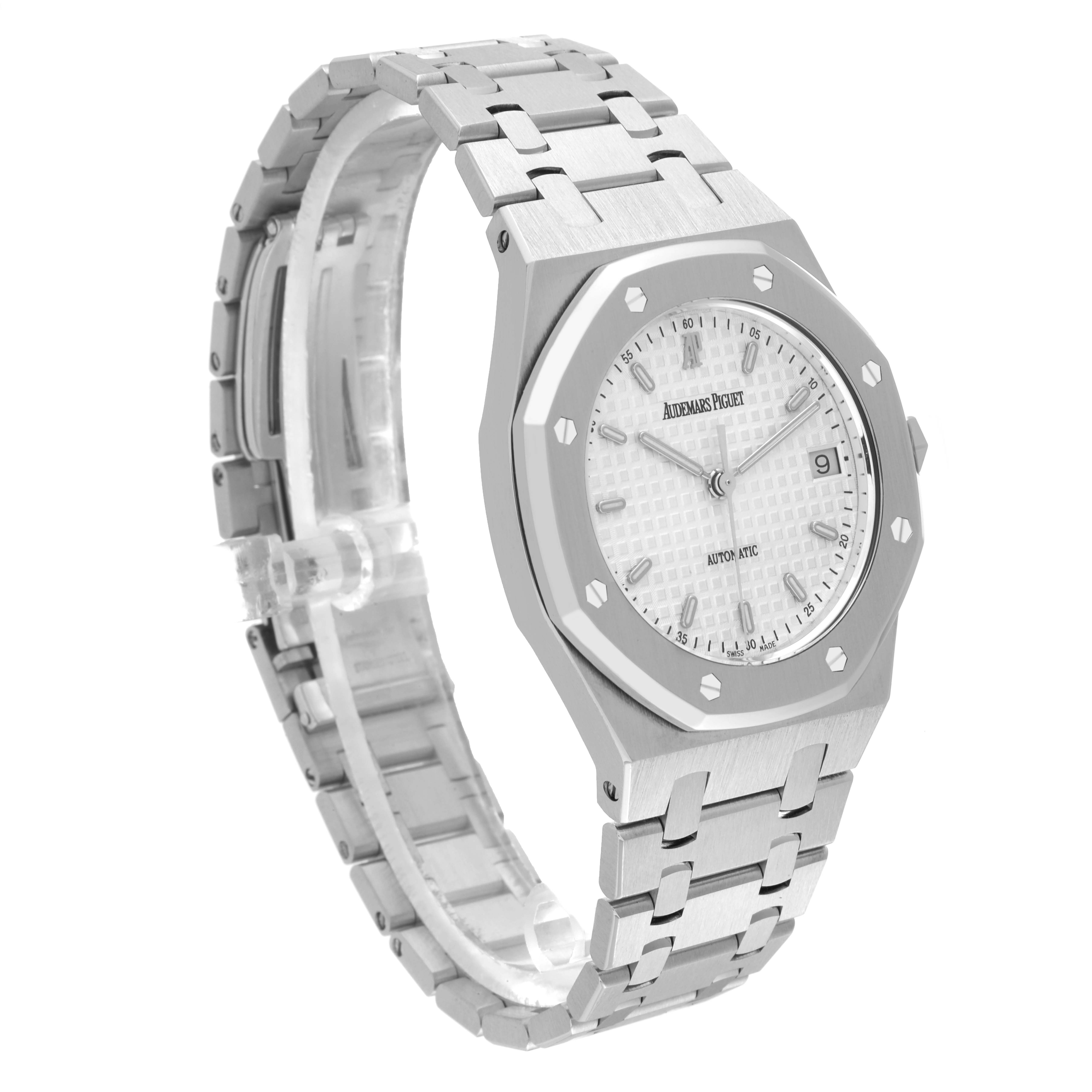 The image shows a side-angle view of the Audemars Piguet Royal Oak 14790ST.OO.0789ST.10.A Men's Stainless Steel Silver Dial 14790ST.OO.0789ST.10.A Men's Stainless Steel Silver Dial watch, displaying the face, bracelet, and clasp.