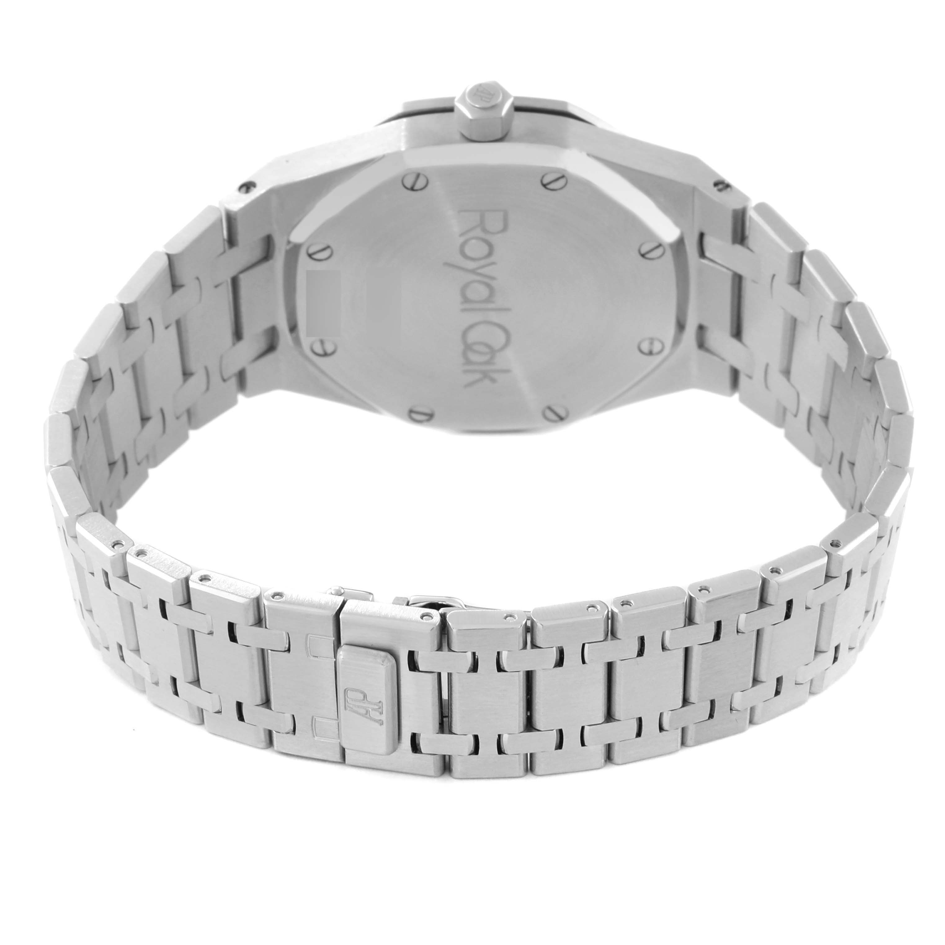 The image shows the back and bracelet of an Audemars Piguet Royal Oak 14790ST.OO.0789ST.10.A Men's Stainless Steel Silver Dial 14790ST.OO.0789ST.10.A Men's Stainless Steel Silver Dial watch from a rear angle.