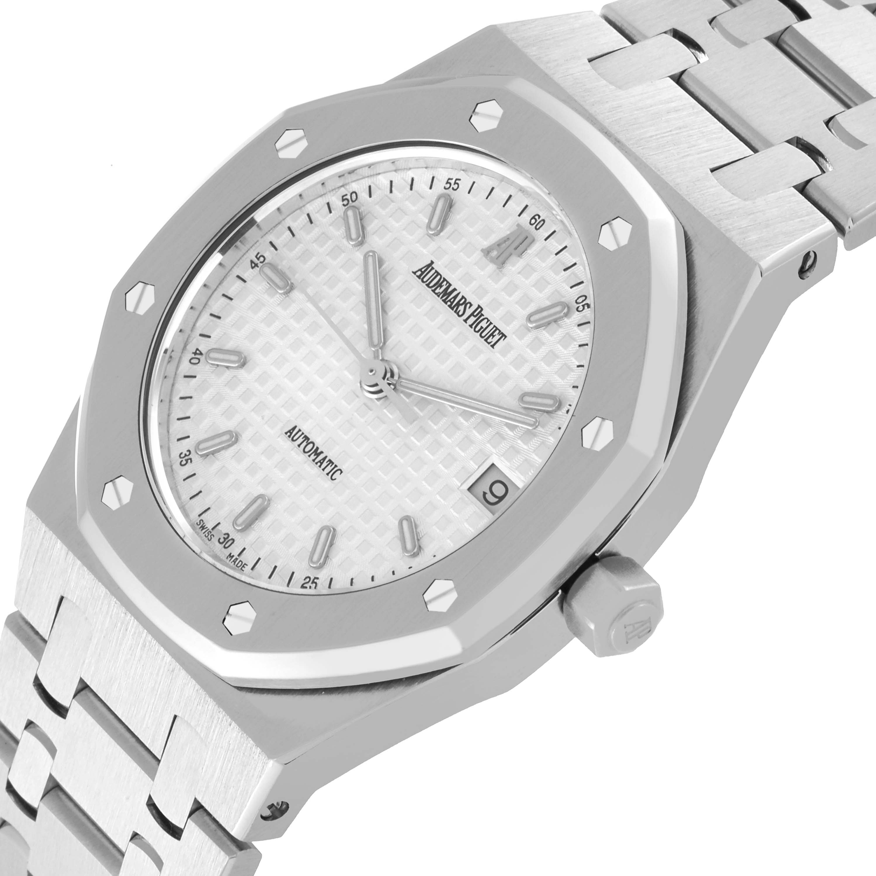 This image shows an angled view of the Audemars Piguet Royal Oak 14790ST.OO.0789ST.10.A Men's Stainless Steel Silver Dial 14790ST.OO.0789ST.10.A Men's Stainless Steel Silver Dial watch, featuring its face, bezel, bracelet, and crown.