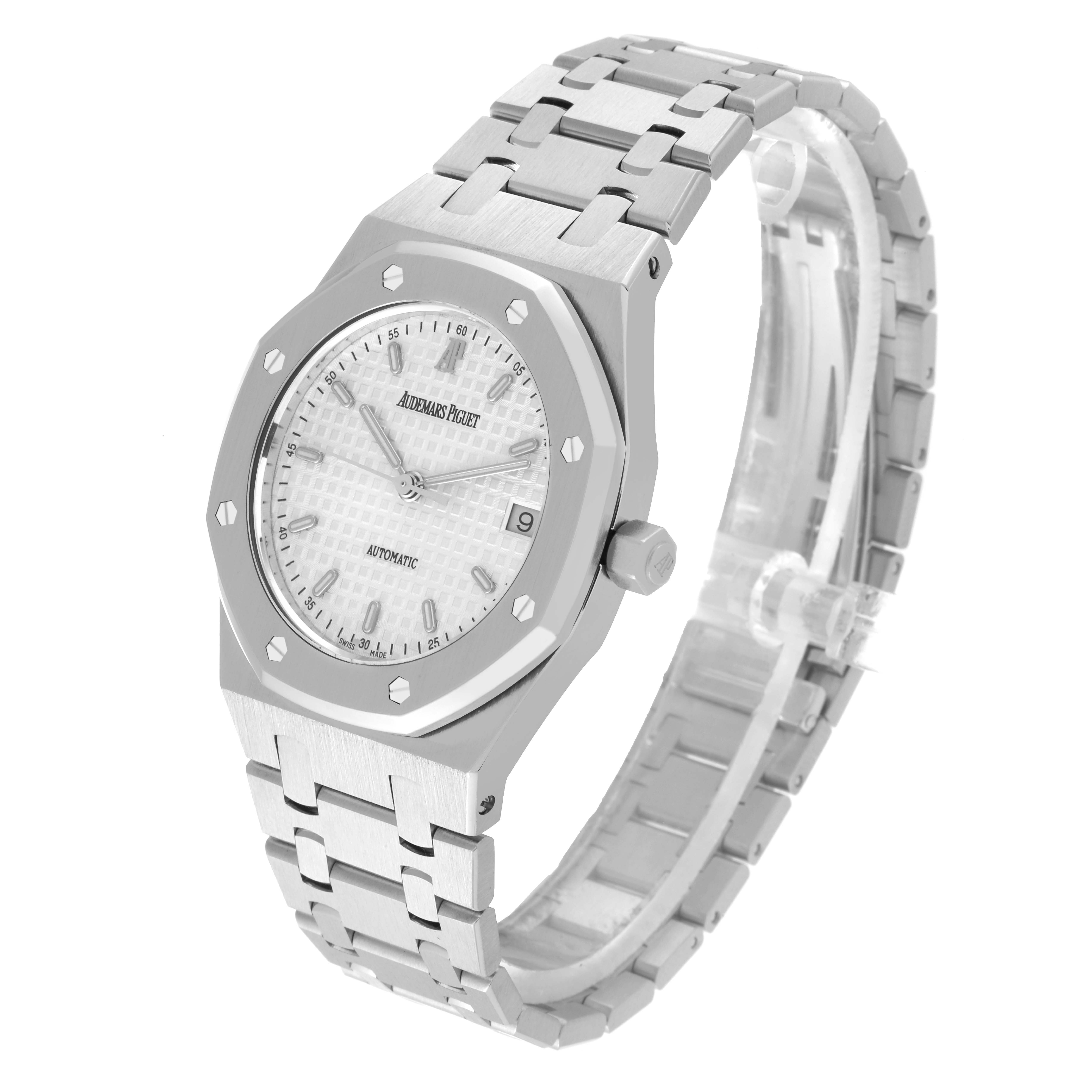 The Audemars Piguet Royal Oak 14790ST.OO.0789ST.10.A Men's Stainless Steel Silver Dial 14790ST.OO.0789ST.10.A Men's Stainless Steel Silver Dial model is shown at a three-quarter angle, highlighting the face, bezel, crown, and bracelet.