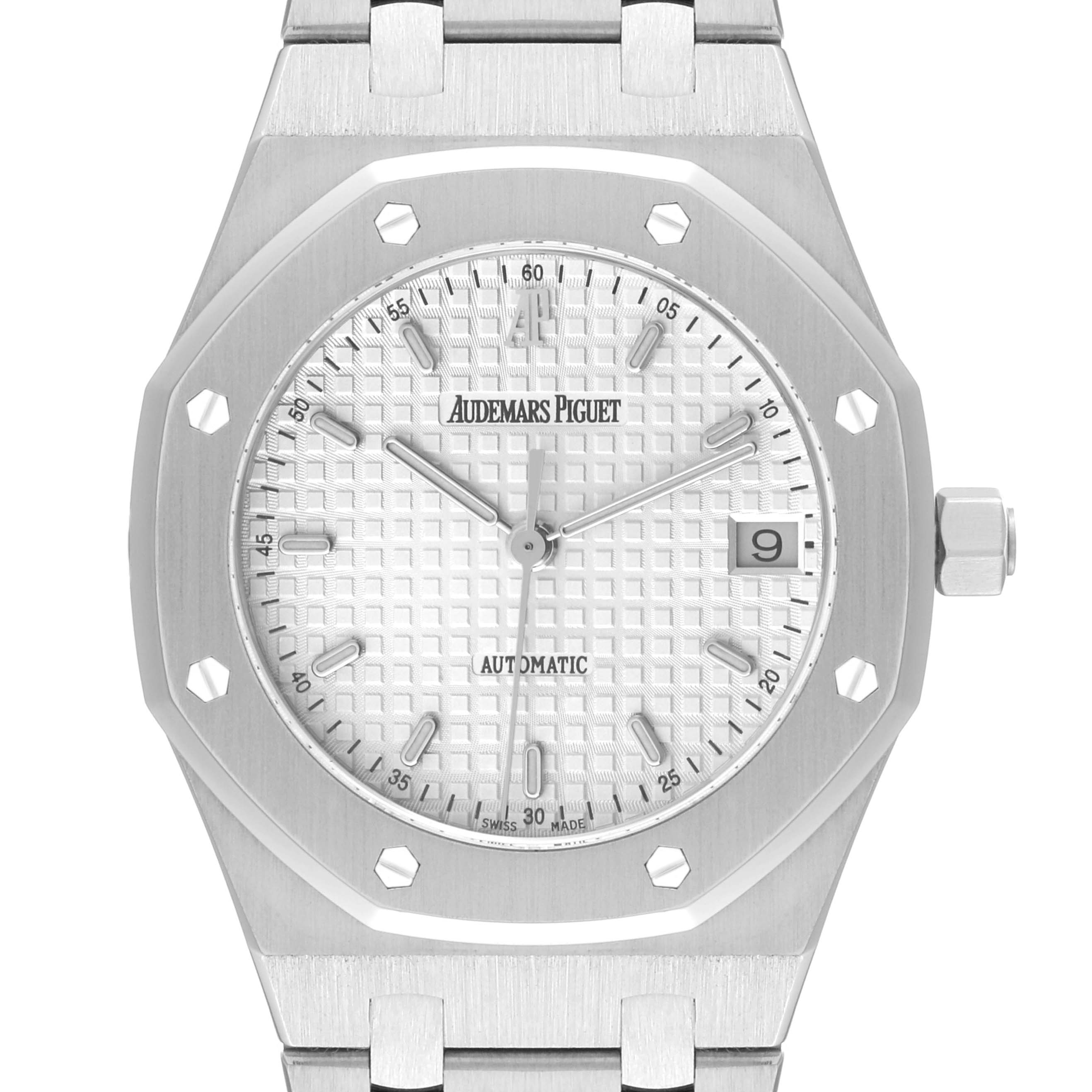 The image shows a front view of the Audemars Piguet Royal Oak 14790ST.OO.0789ST.10.A Men's Stainless Steel Silver Dial 14790ST.OO.0789ST.10.A Men's Stainless Steel Silver Dial watch, highlighting its dial, bezel, and part of the bracelet.