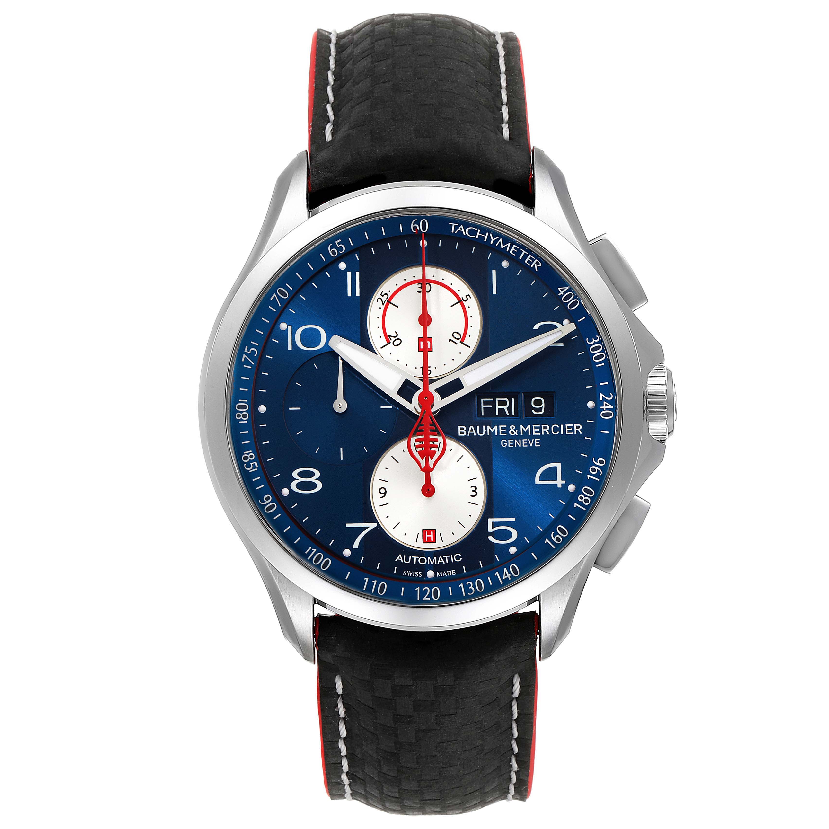 The image shows a frontal view of the Baume & Mercier Clifton M0A10343 Men's Stainless Steel Blue Dial M0A10343 Men's Stainless Steel Blue Dial watch, highlighting its blue dial, subdials, and black leather strap.