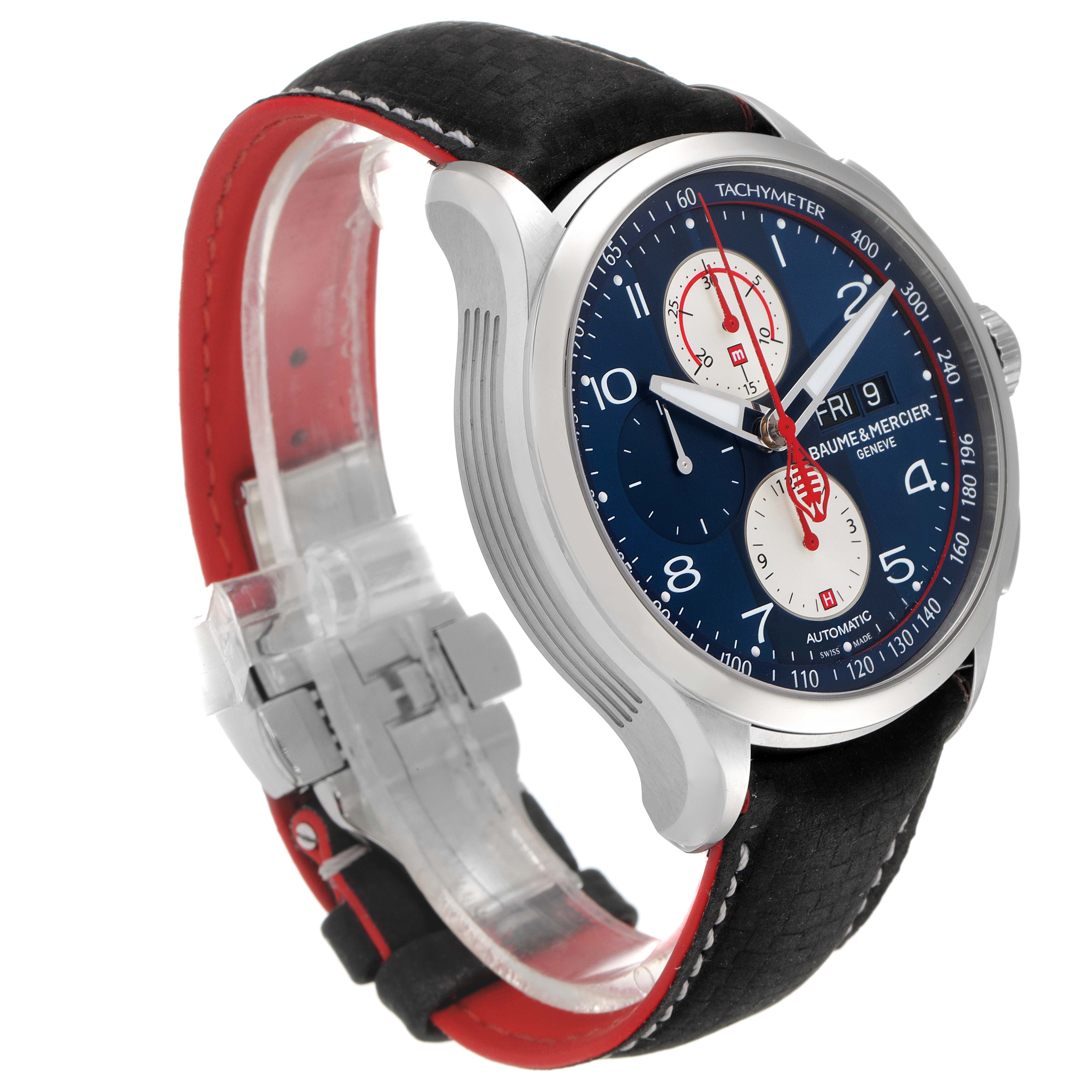 This image shows a side view of the Baume & Mercier Clifton M0A10343 Men's Stainless Steel Blue Dial M0A10343 Men's Stainless Steel Blue Dial watch, featuring its dial, bezel, crown, and strap.