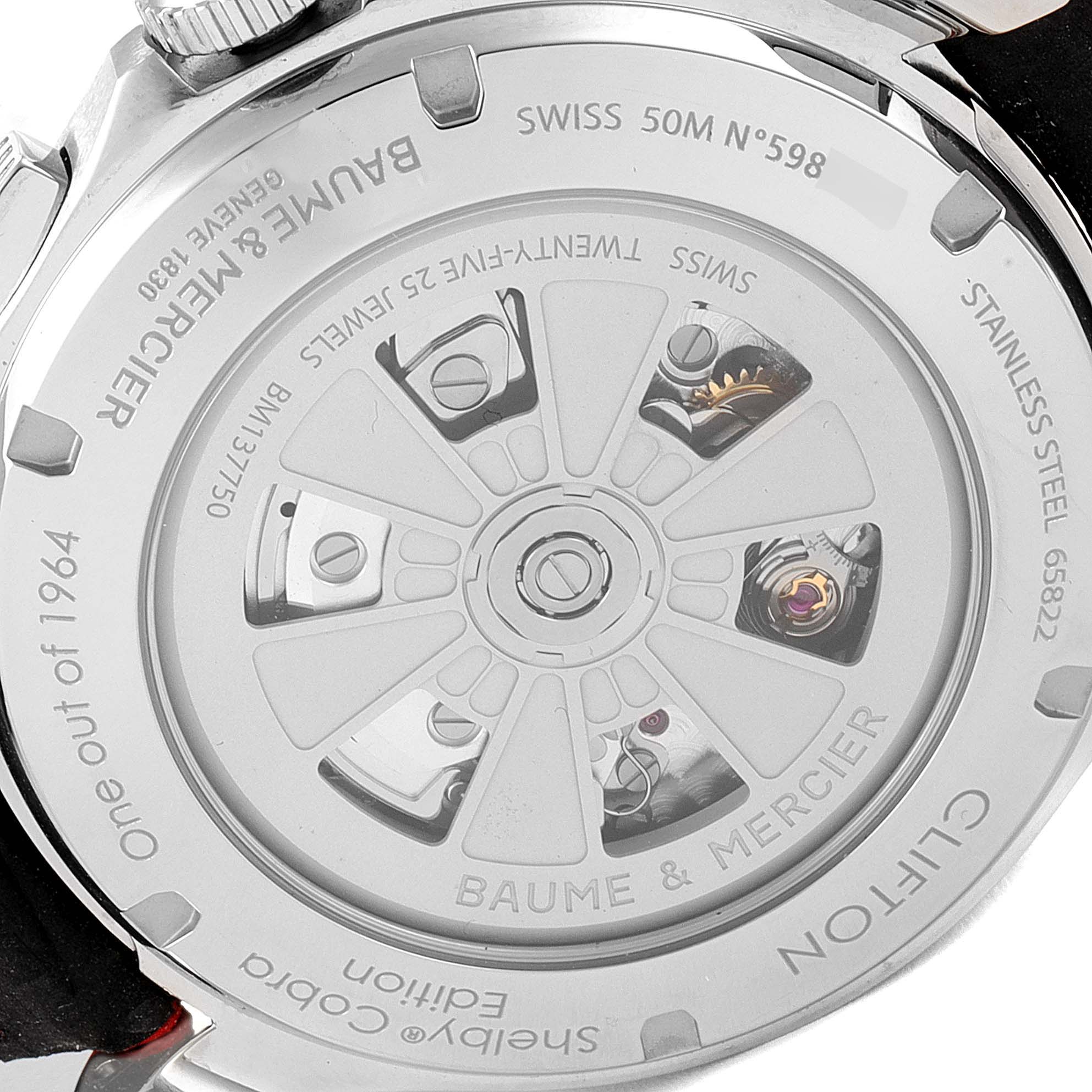 The image shows the case back of a Baume & Mercier Clifton M0A10343 Men's Stainless Steel Blue Dial M0A10343 Men's Stainless Steel Blue Dial model, highlighting the automatic movement mechanism.