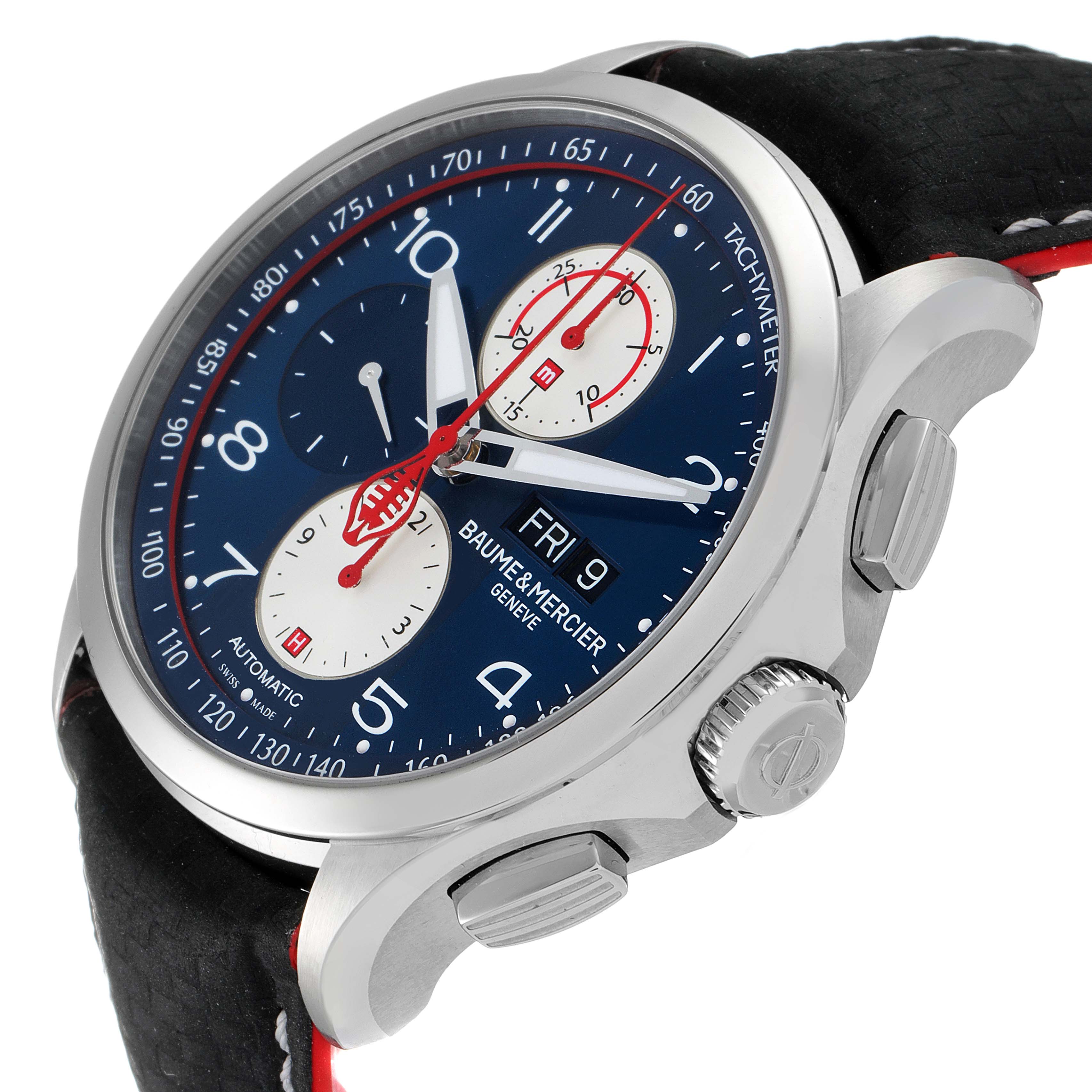 This Baume & Mercier Clifton M0A10343 Men's Stainless Steel Blue Dial M0A10343 Men's Stainless Steel Blue Dial model watch is shown at a slight angle, displaying the dial, crown, pushers, and part of the strap.