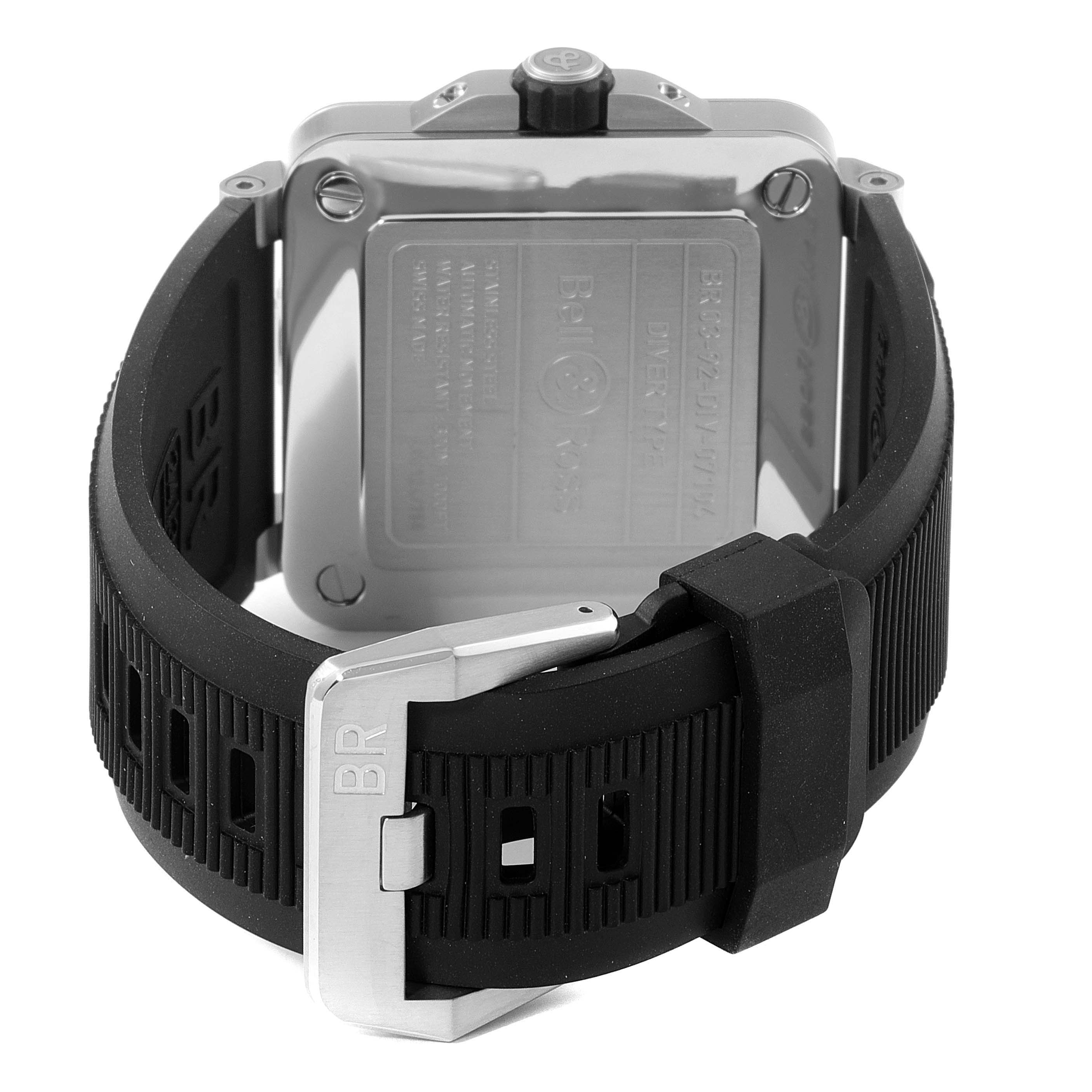 The image shows the back case and strap of a Bell & Ross Diver model watch, highlighting the buckle and case details.