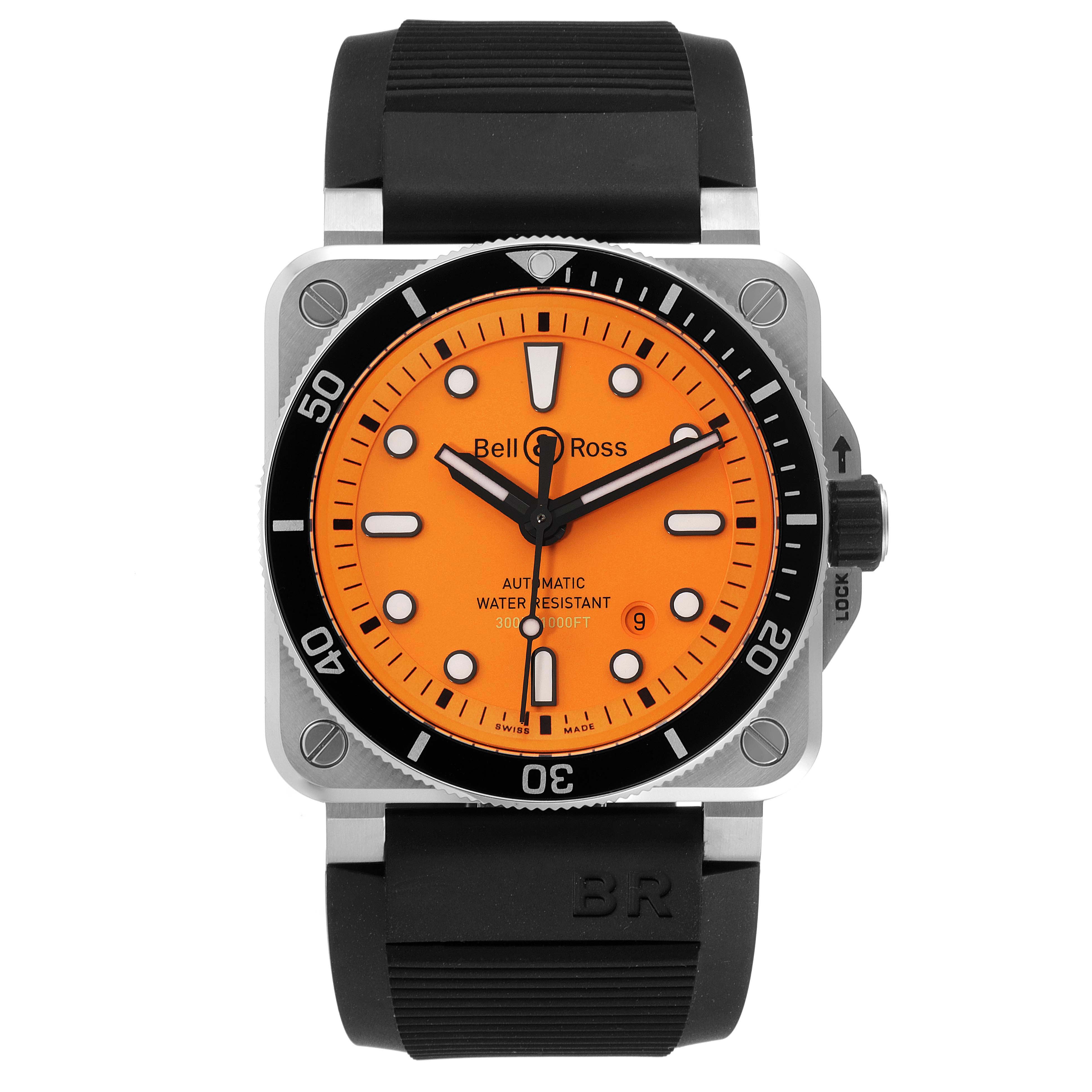 This image shows a frontal view of a Bell & Ross Diver model watch with an orange dial and black strap.