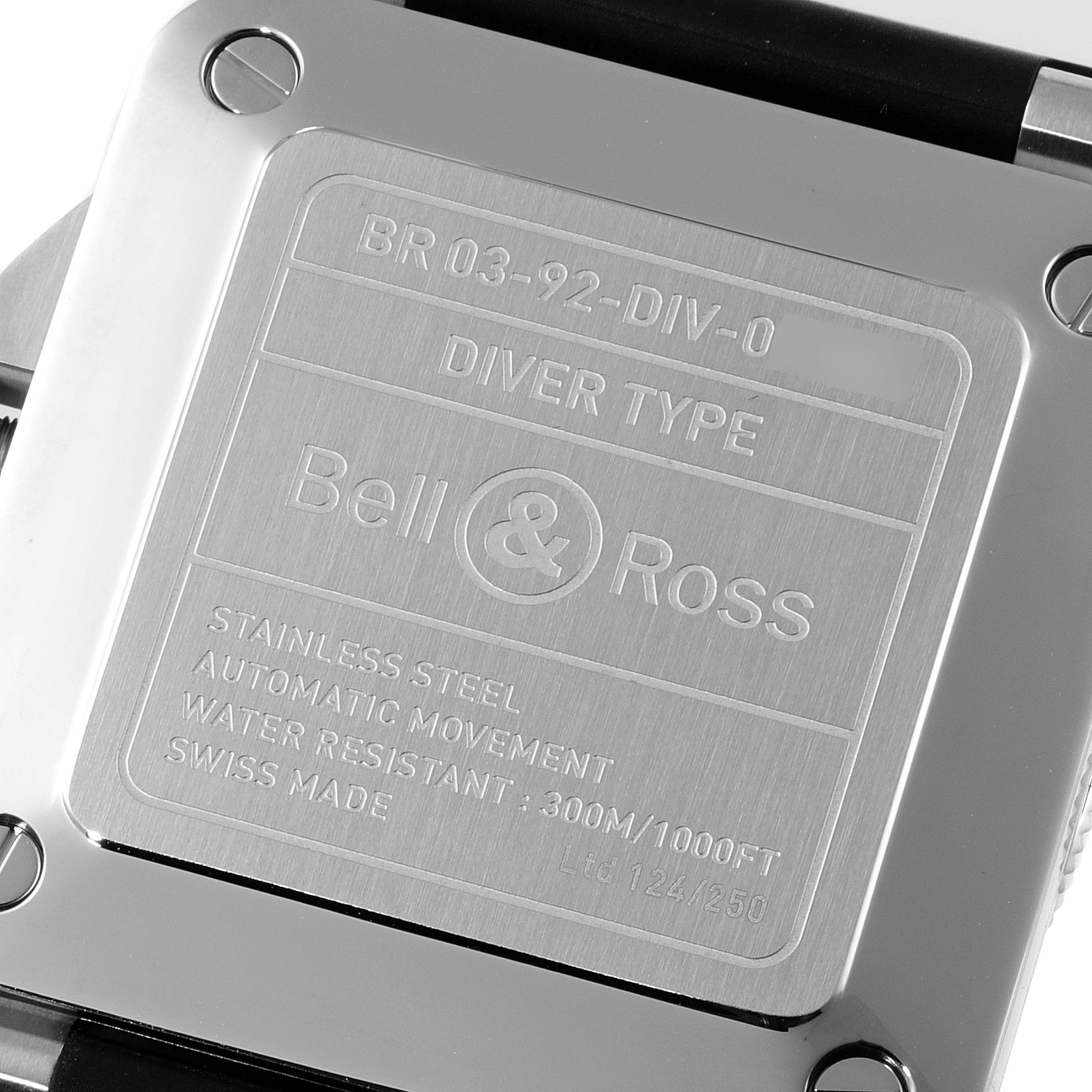 This image shows the backplate of the Bell & Ross BR 03-92 Diver Type watch, featuring its specifications and branding.