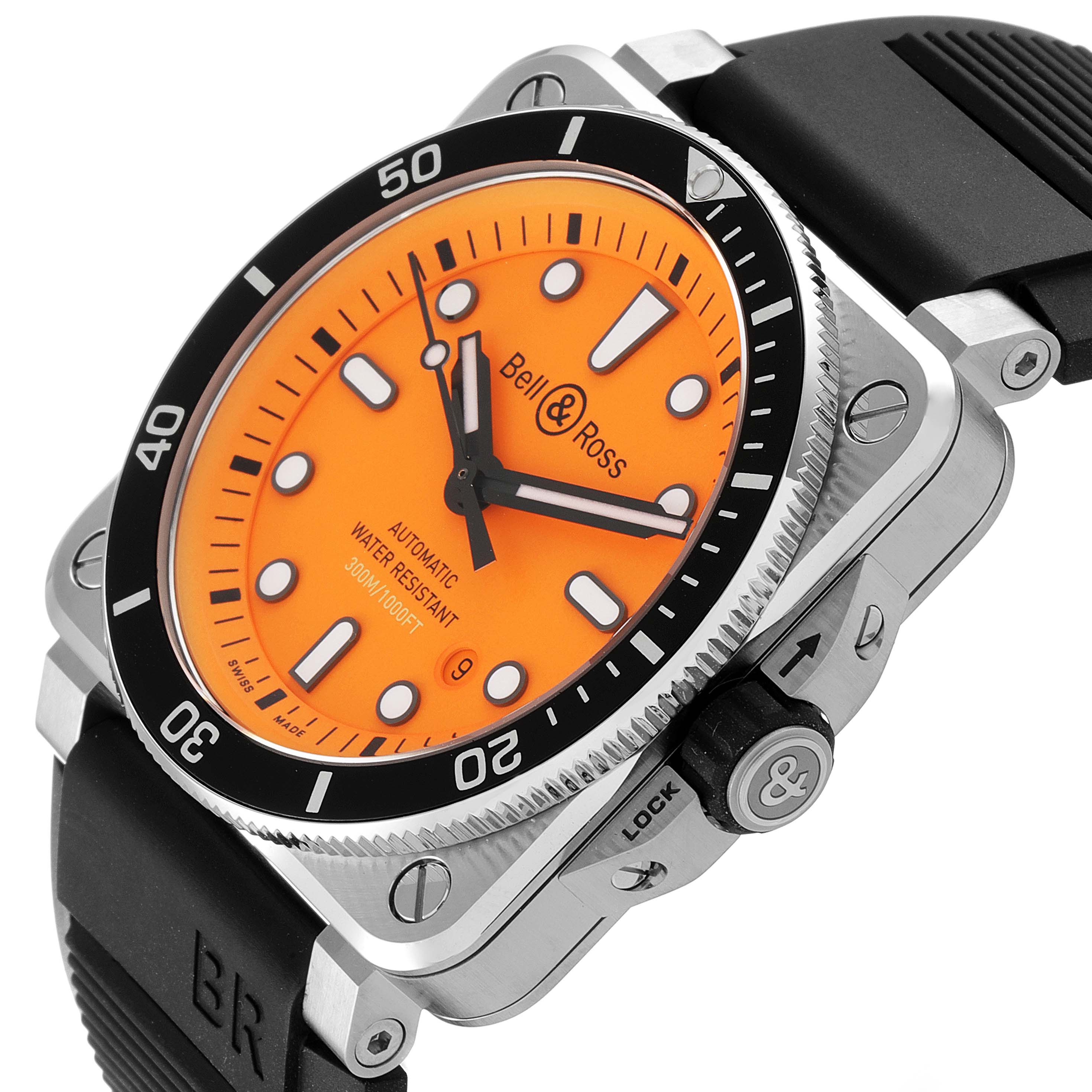 The image shows a Bell & Ross Diver watch at an angle highlighting its face, bezel, and part of the strap.