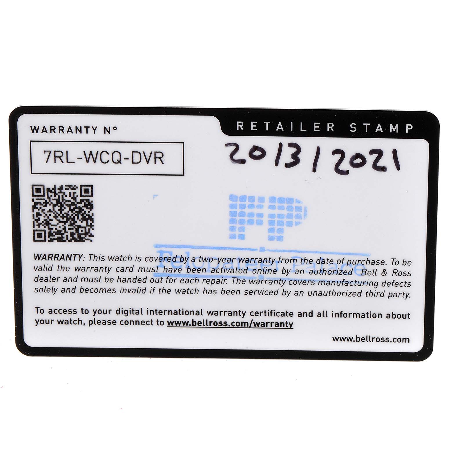 This image shows the warranty card for a Bell & Ross Diver model watch, displaying the warranty number and terms of warranty.