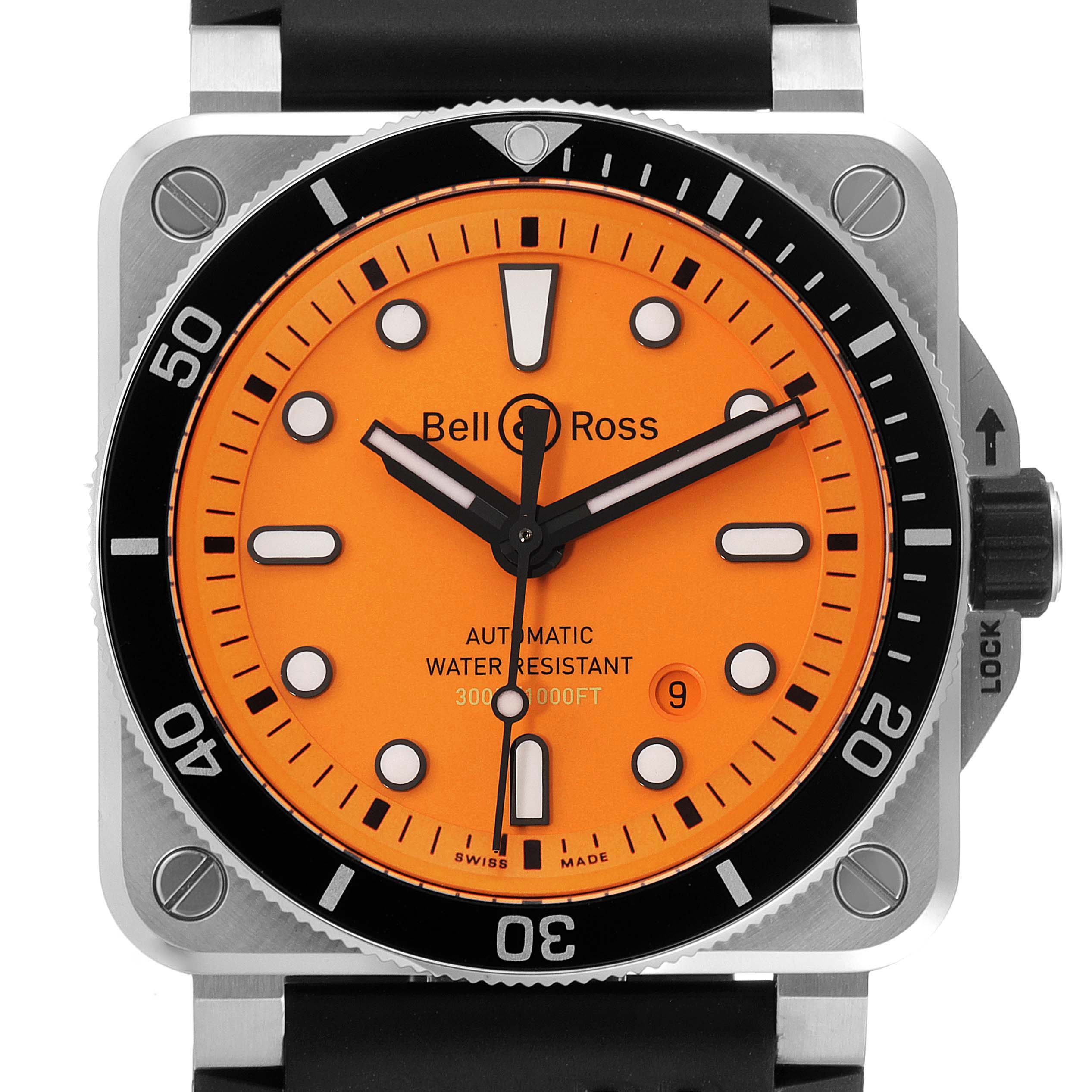 The image shows a front view of the Bell & Ross Instruments BR03-92 Men's Stainless Steel Orange Dial BR03-92 Men's Stainless Steel Orange Dial model watch with a bright orange dial and black bezel.