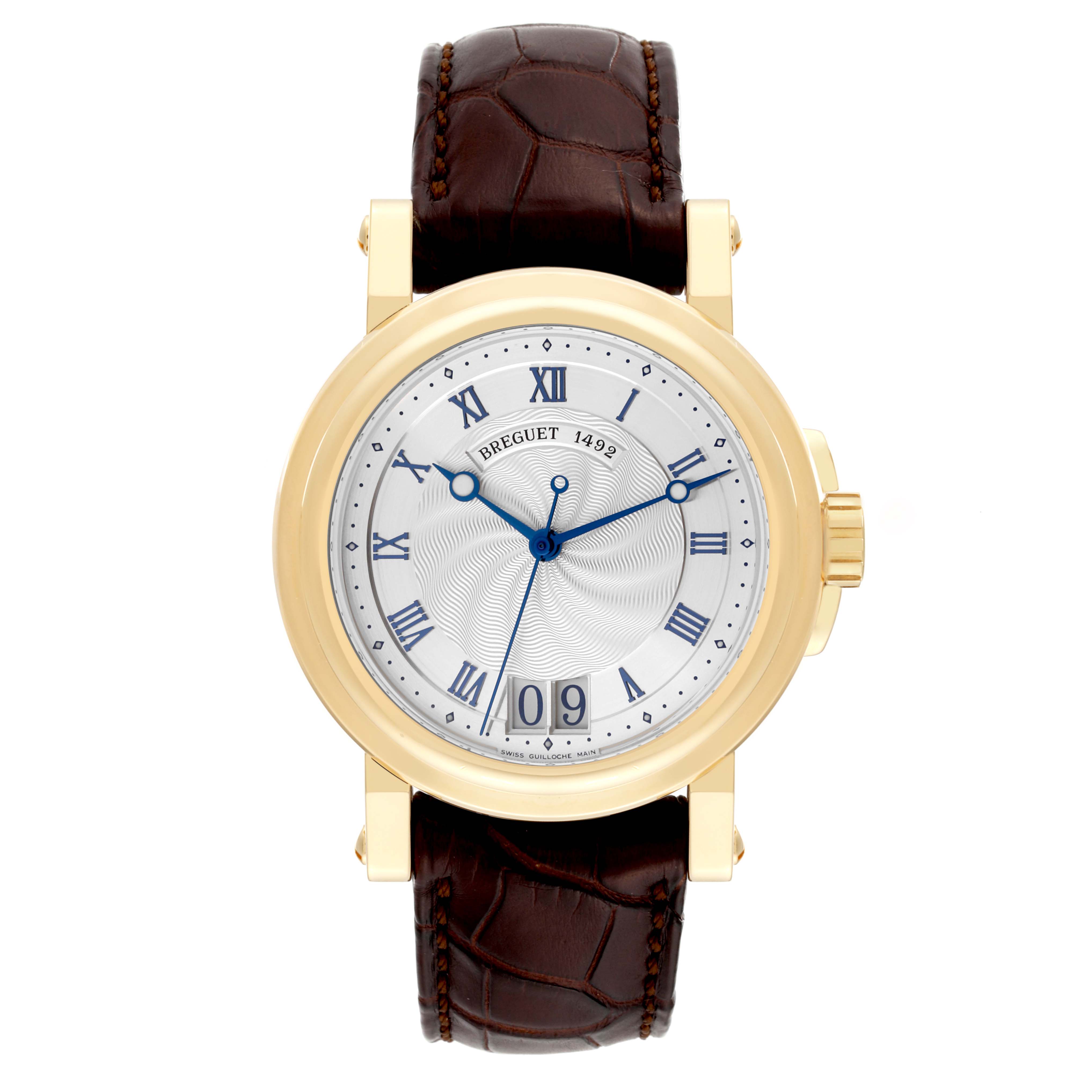 This image shows the front view of a Breguet Marine 5817BA/12/9V8 Men
s Yellow Gold Silver Dial 5817BA/12/9V8 Men
s Yellow Gold Silver Dial model watch, featuring a leather strap, gold case, and Roman numeral dial.
