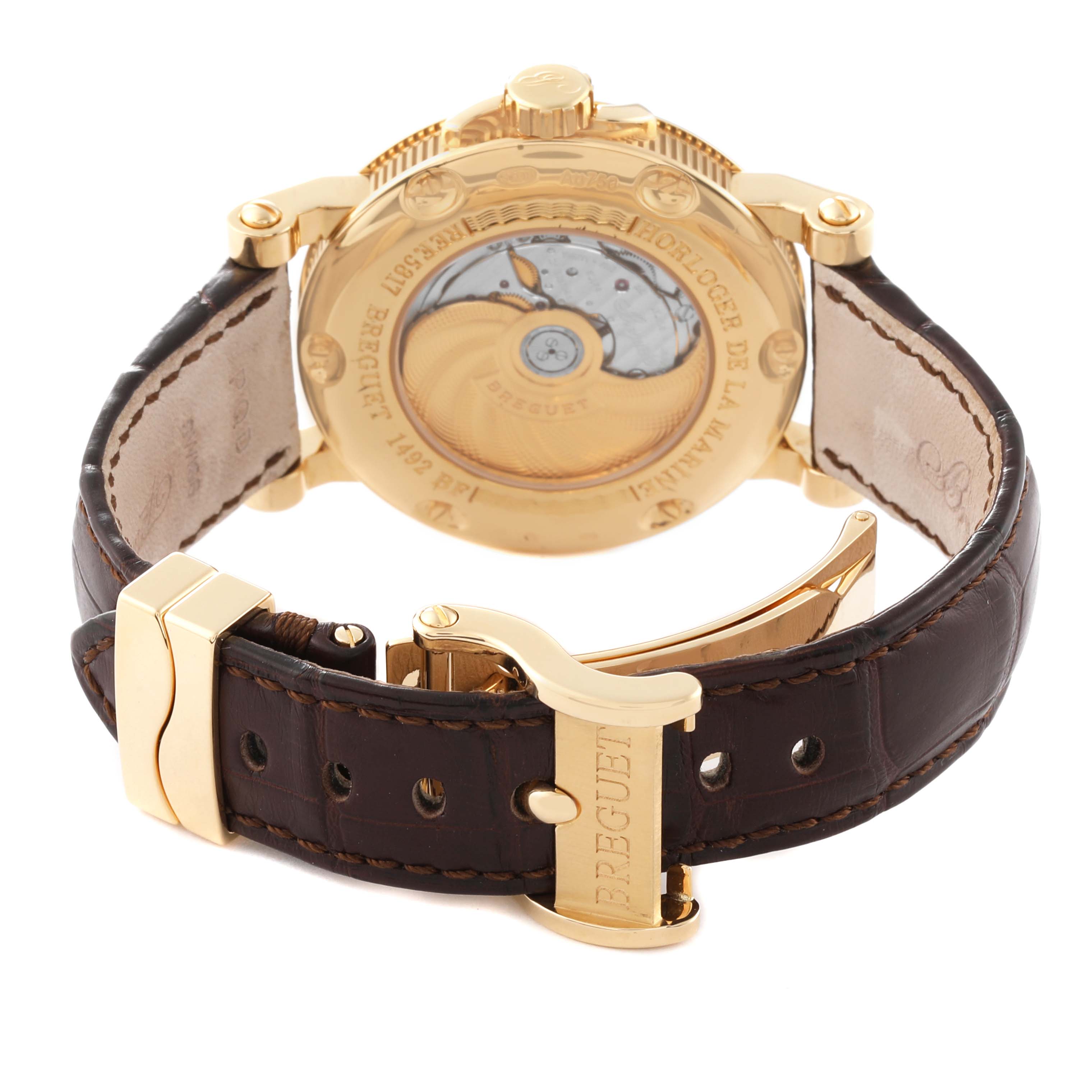 This image shows the back view of the Breguet Marine 5817BA/12/9V8 Men
s Yellow Gold Silver Dial 5817BA/12/9V8 Men
s Yellow Gold Silver Dial model watch, including the case back, leather strap, and branded clasp.
