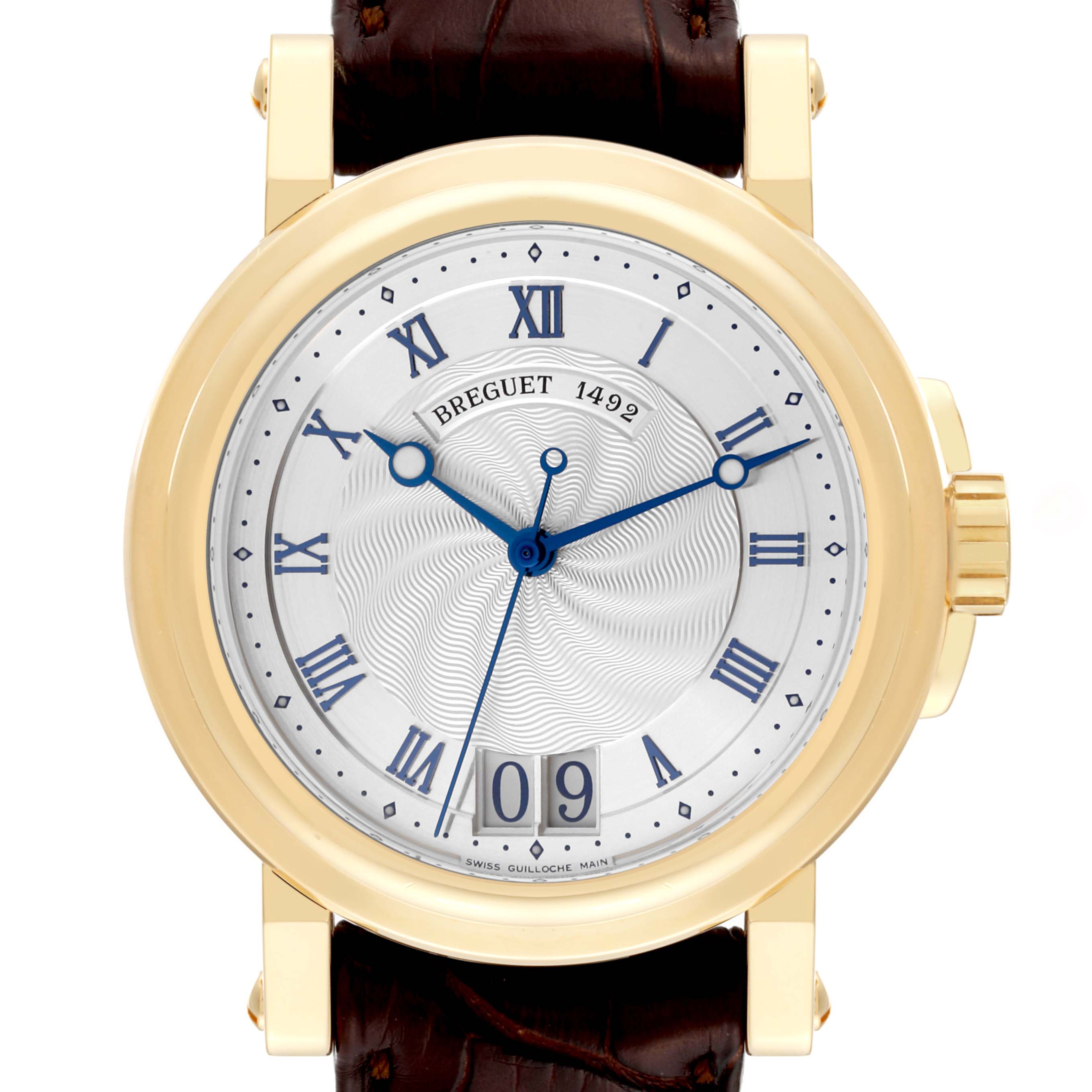 The image shows a front view of the Breguet Marine 5817BA/12/9V8 Men
s Yellow Gold Silver Dial 5817BA/12/9V8 Men
s Yellow Gold Silver Dial model watch, displaying its face, dial, hands, case, crown, and leather strap.