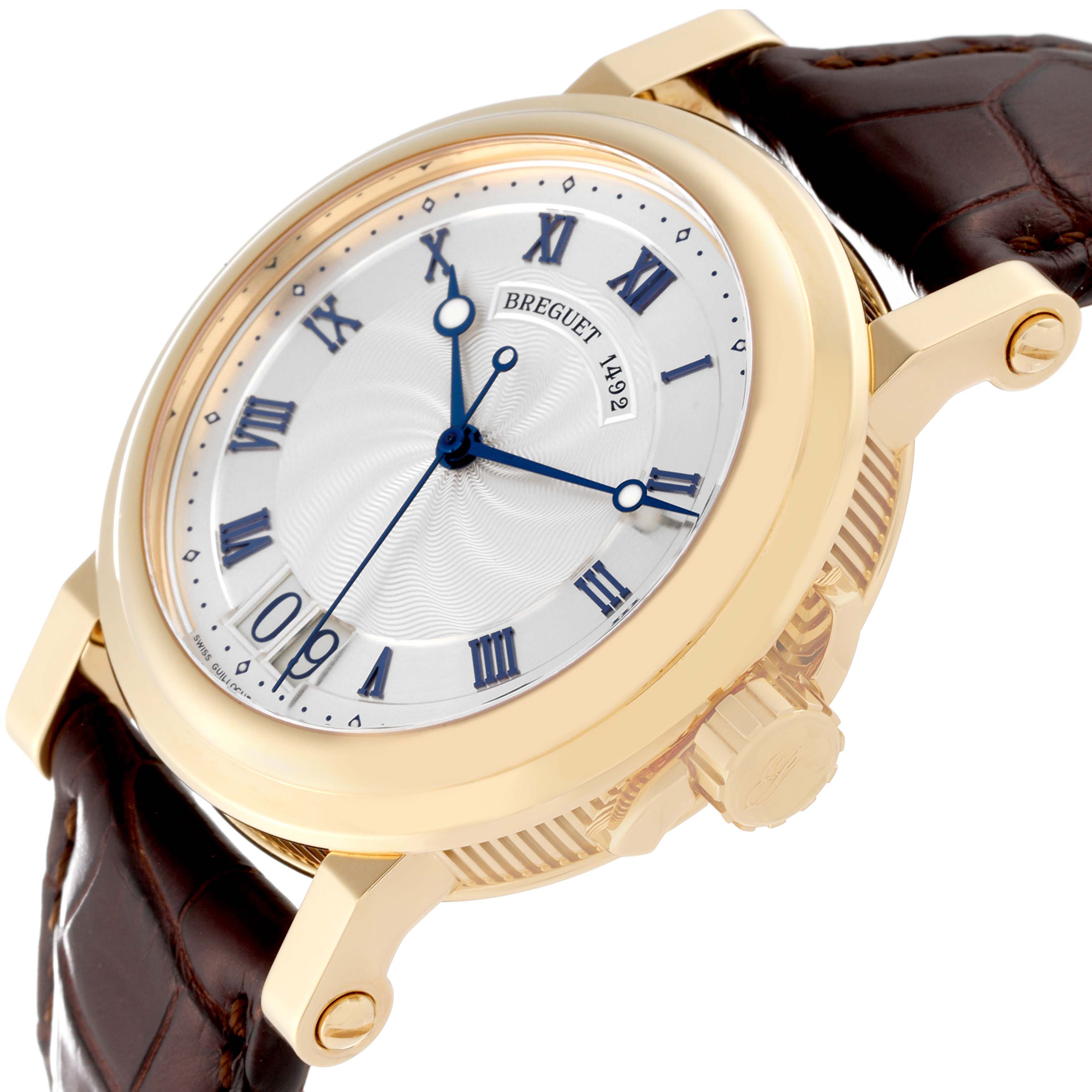 The Breguet Marine 5817BA/12/9V8 Men
s Yellow Gold Silver Dial 5817BA/12/9V8 Men
s Yellow Gold Silver Dial model watch is shown at an angled close-up, highlighting the face, crown, bezel, and strap.