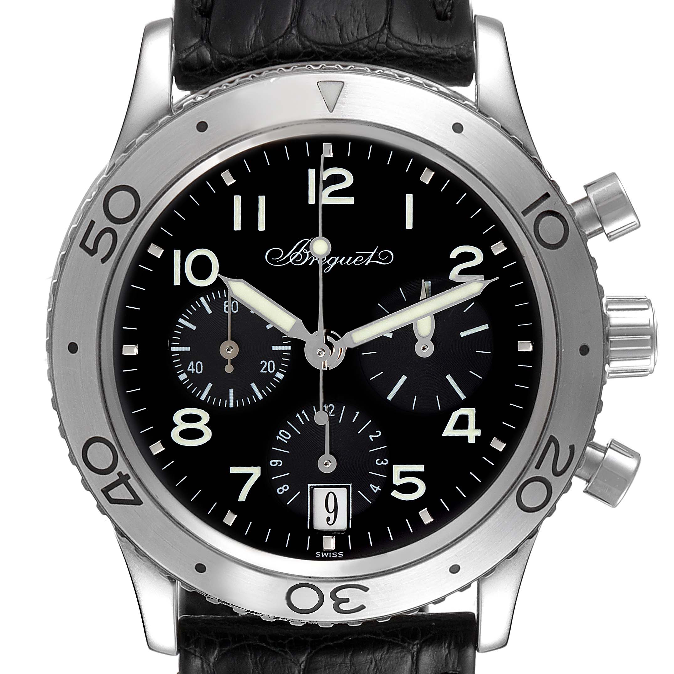 This image shows a front view of the Breguet Type XX - XXI - XXII 3820ST/H2/9W6 Men's Stainless Steel Black Dial 3820ST/H2/9W6 Men's Stainless Steel Black Dial watch, highlighting its face, bezel, and chronograph dials.