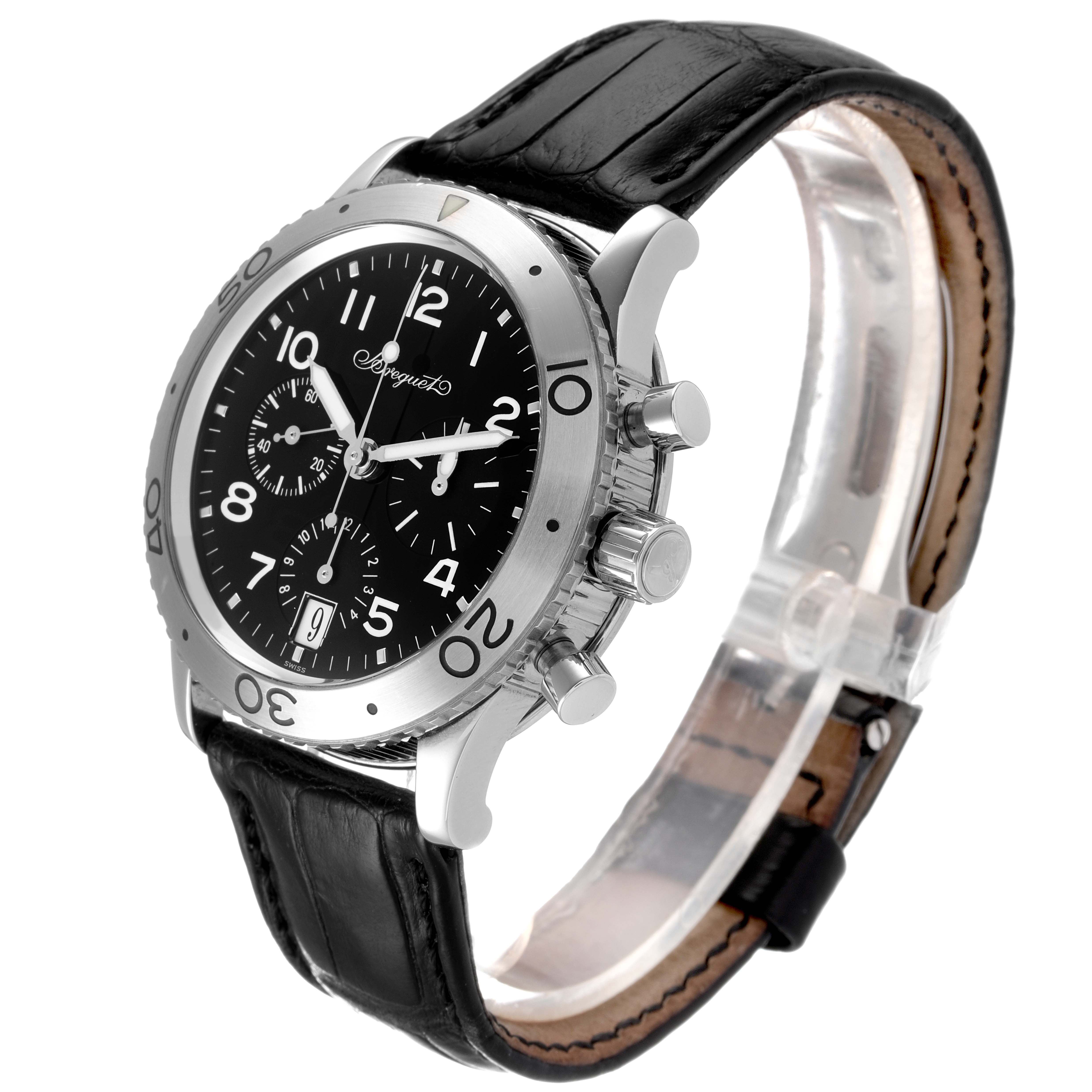 The watch is a Breguet Type XX - XXI - XXII 3820ST/H2/9W6 Men's Stainless Steel Black Dial 3820ST/H2/9W6 Men's Stainless Steel Black Dial model shown from a front angle, featuring a black dial, chronograph, and black leather strap.