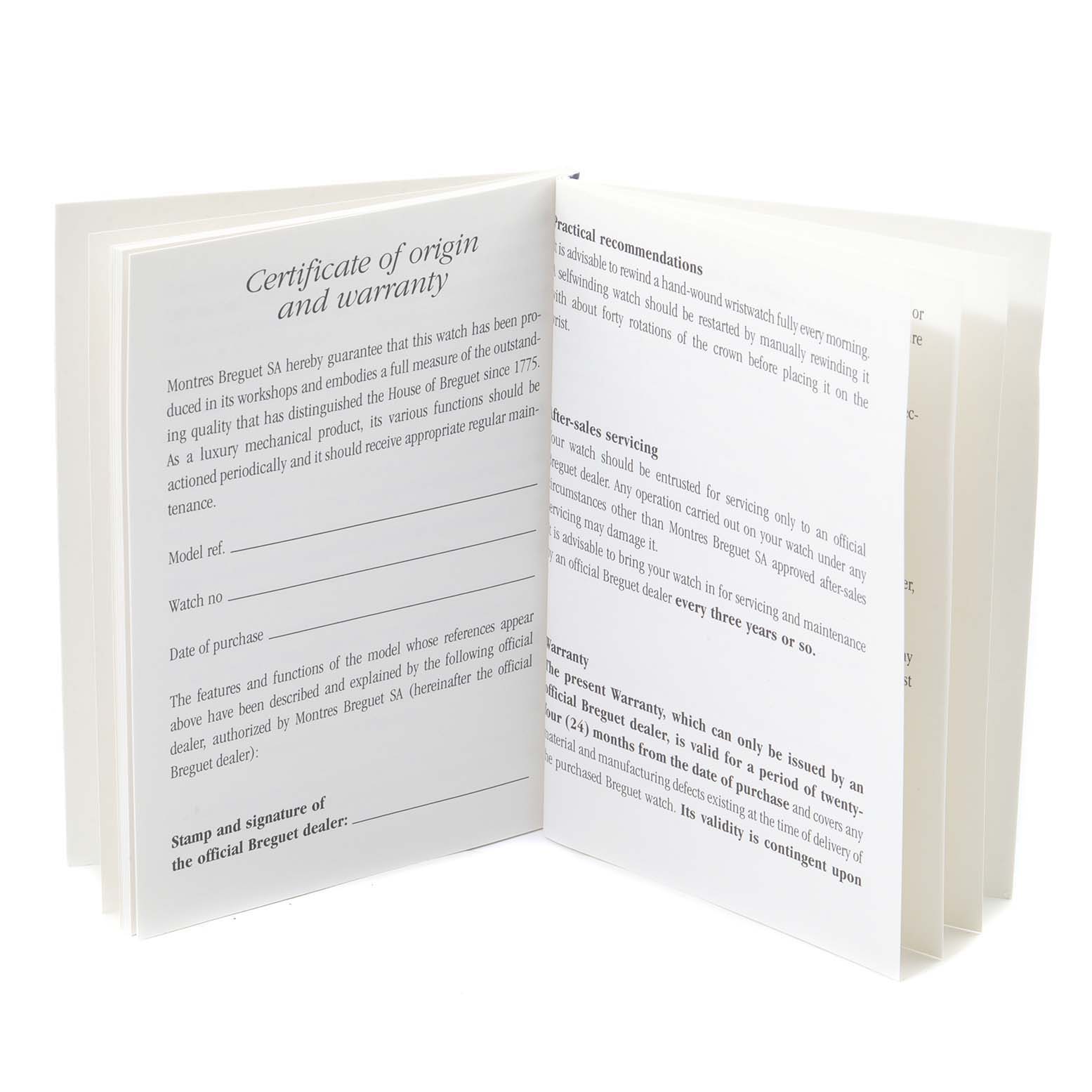 This image shows an open booklet with warranty and service information for the Breguet Type XX - XXI - XXII 3820ST/H2/9W6 Men's Stainless Steel Black Dial 3820ST/H2/9W6 Men's Stainless Steel Black Dial watch model.